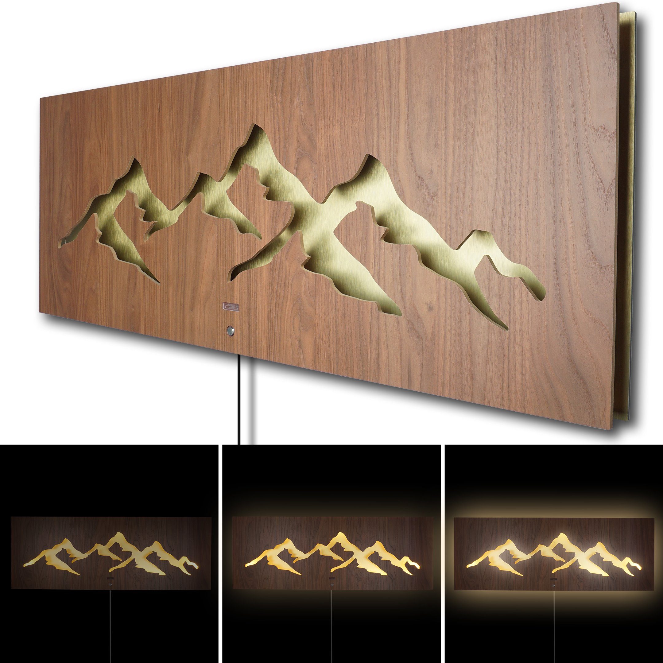 mit und Doppelplatte dimmbaren Landschaft 110x40cm Metall 3D-Lichteffekt, Wanddekoobjekt Deko ZENLED BRAUN Holz MONTAGNA GOLD hinterleuchtete LEDs ALU auf Natur - WALNUSS mit Berge aus