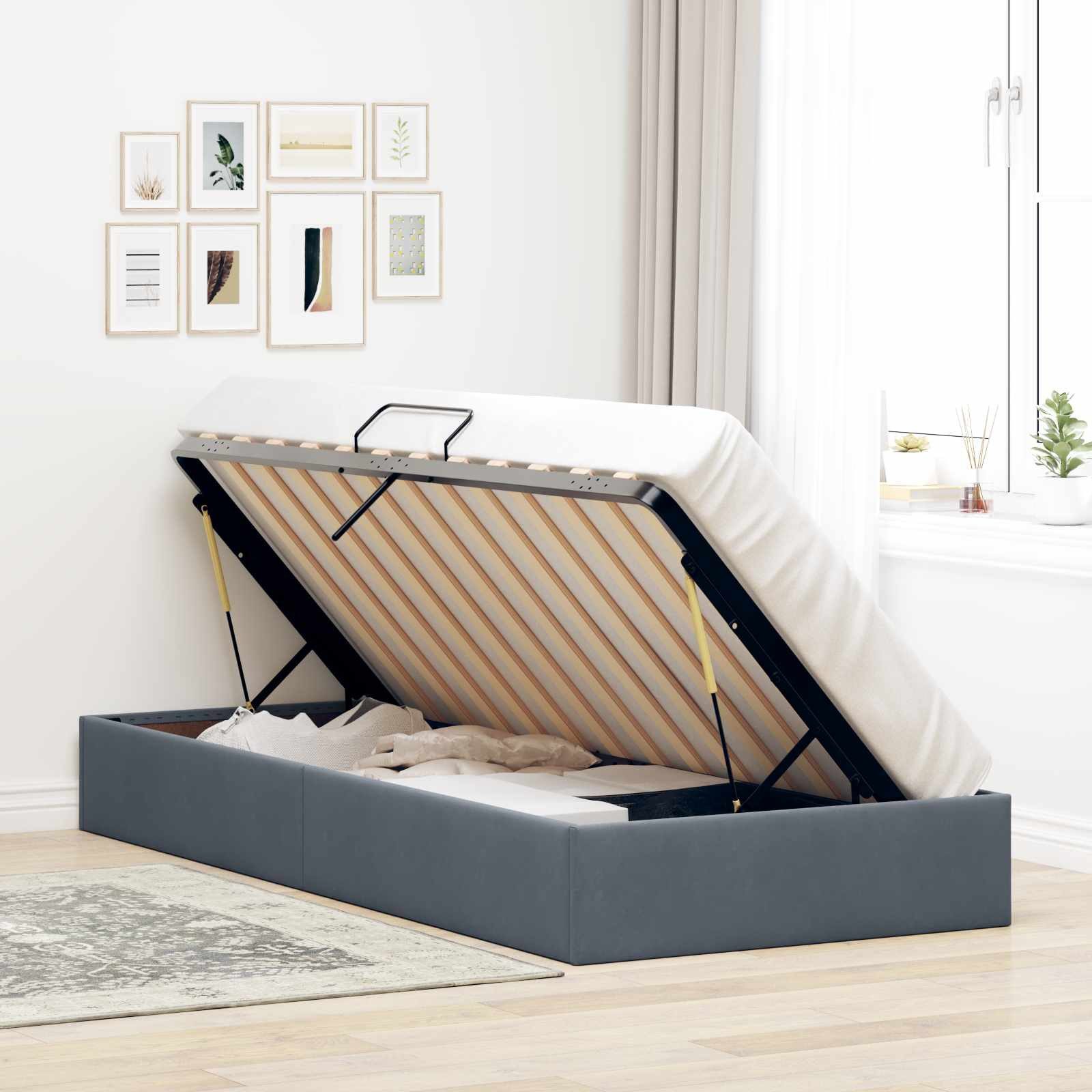 vidaXL Bett Ottoman Bettgestell mit Speicher Dunkelgrau 100 x 200 cm Samt (1-tlg) – Bild 4 von 5