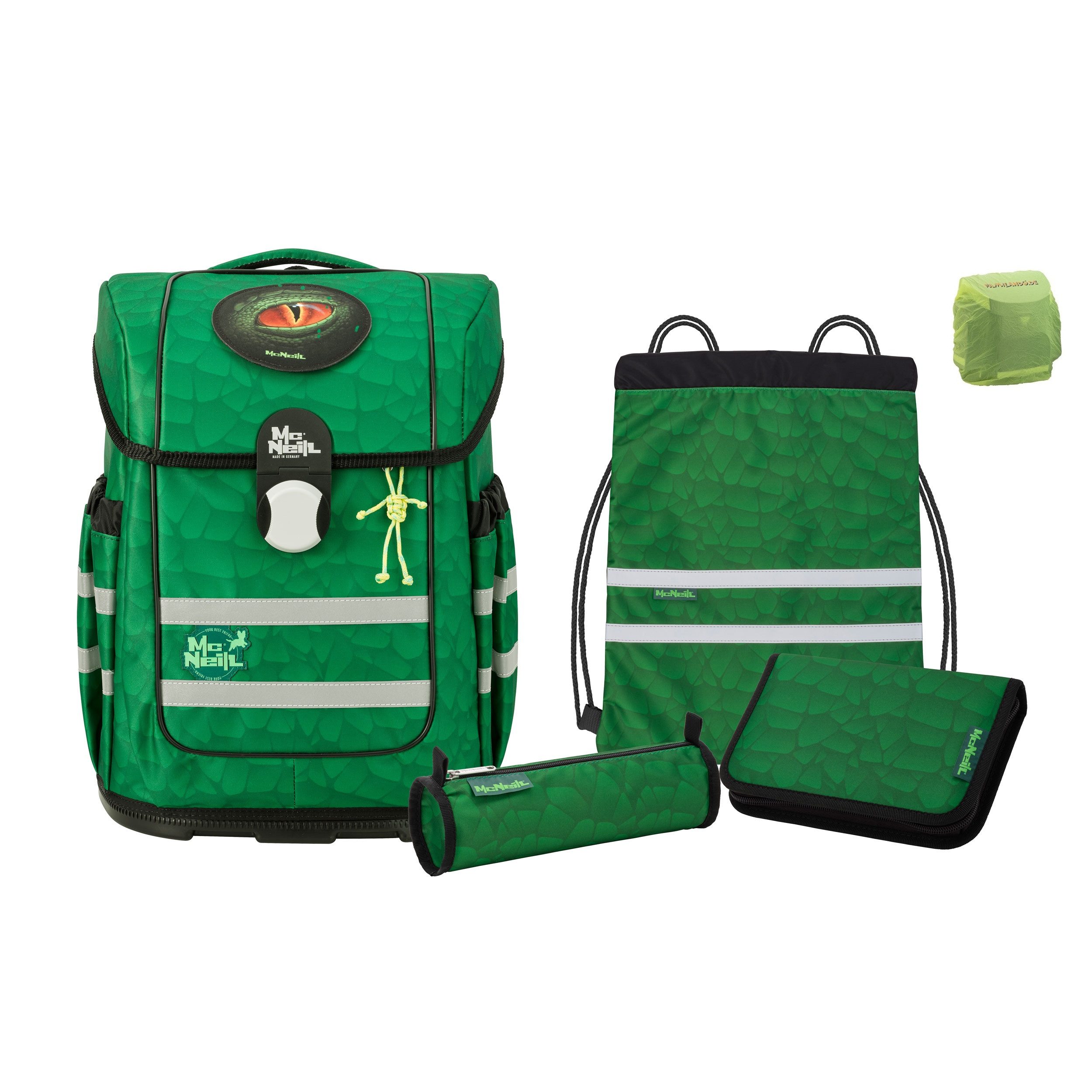 McNeill Schulranzen McOcean LEGU Schultasche 1. bis 4. Klasse (Set, 6-tlg., inkl. Federmäppchen gefüllt und Regen-/Sicherheitshülle), ergonomischer Tornister für Jungen und Mädchen; Dinosaurier