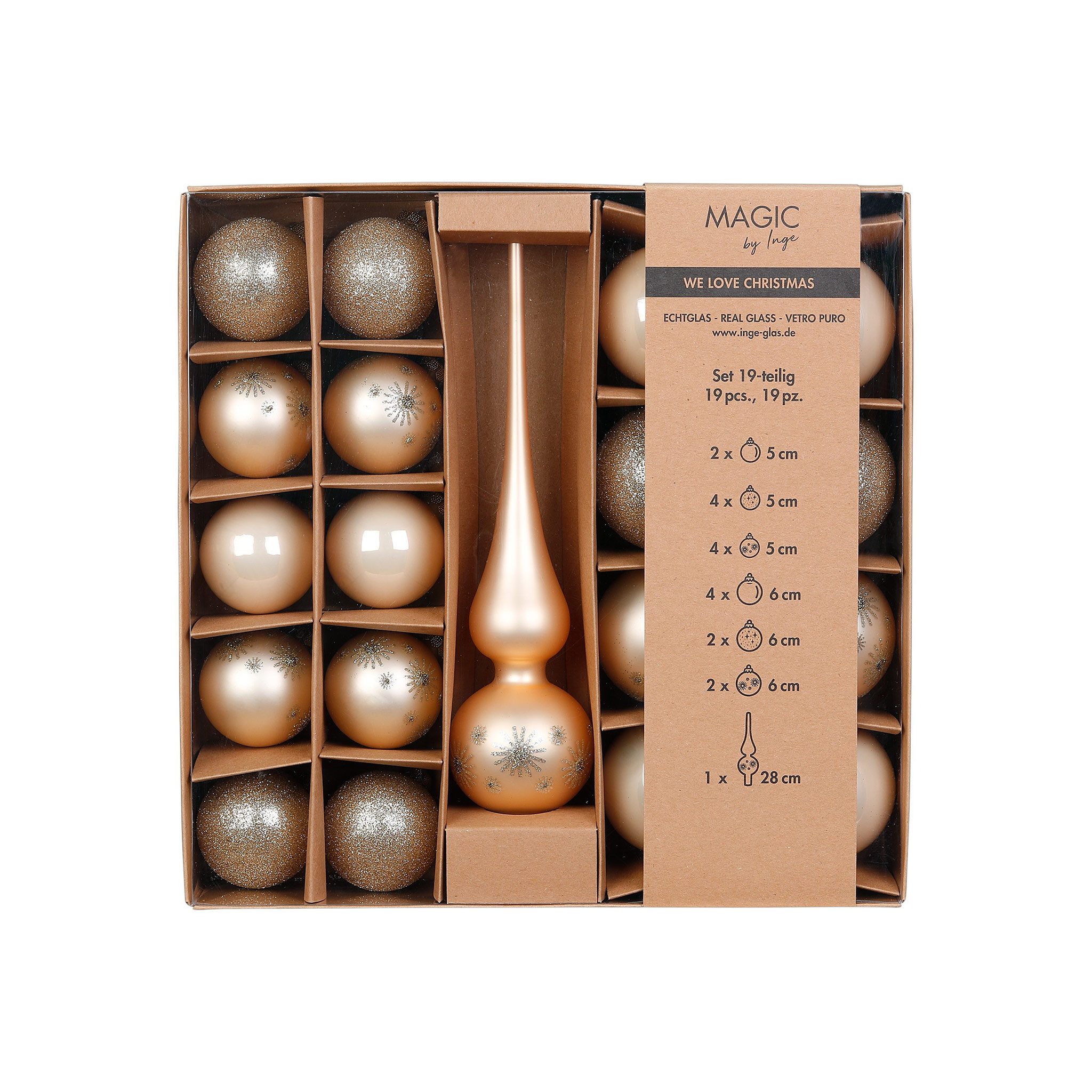MAGIC by Inge Weihnachtsbaumkugel, Weihnachtskugeln Glas 5-6cm mit Spitze 19er Set - Champagne