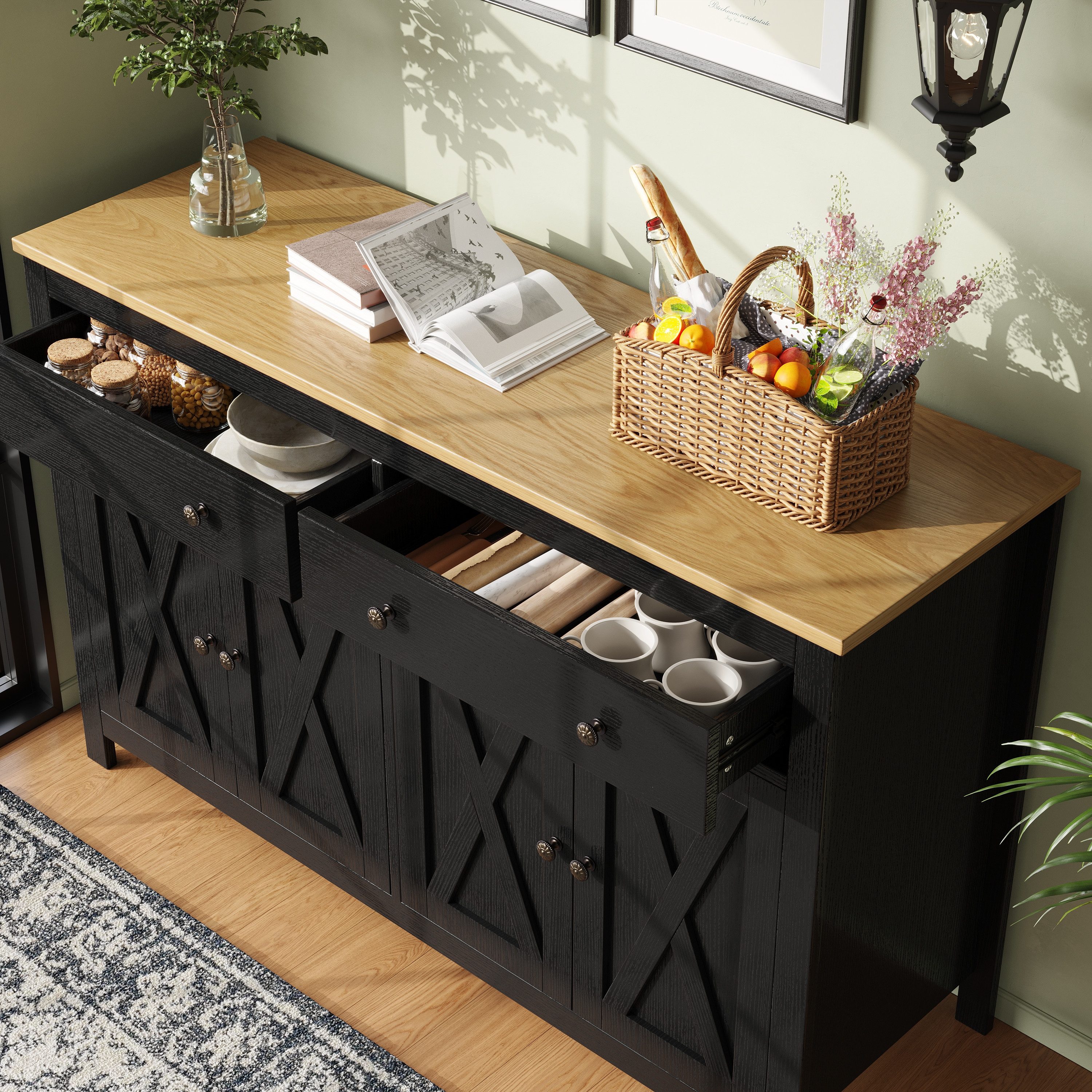 TavilaEcon Sideboard Küchenschrank, Aufbewahrungsschrank mit Vintage-Kreuzs günstig online kaufen