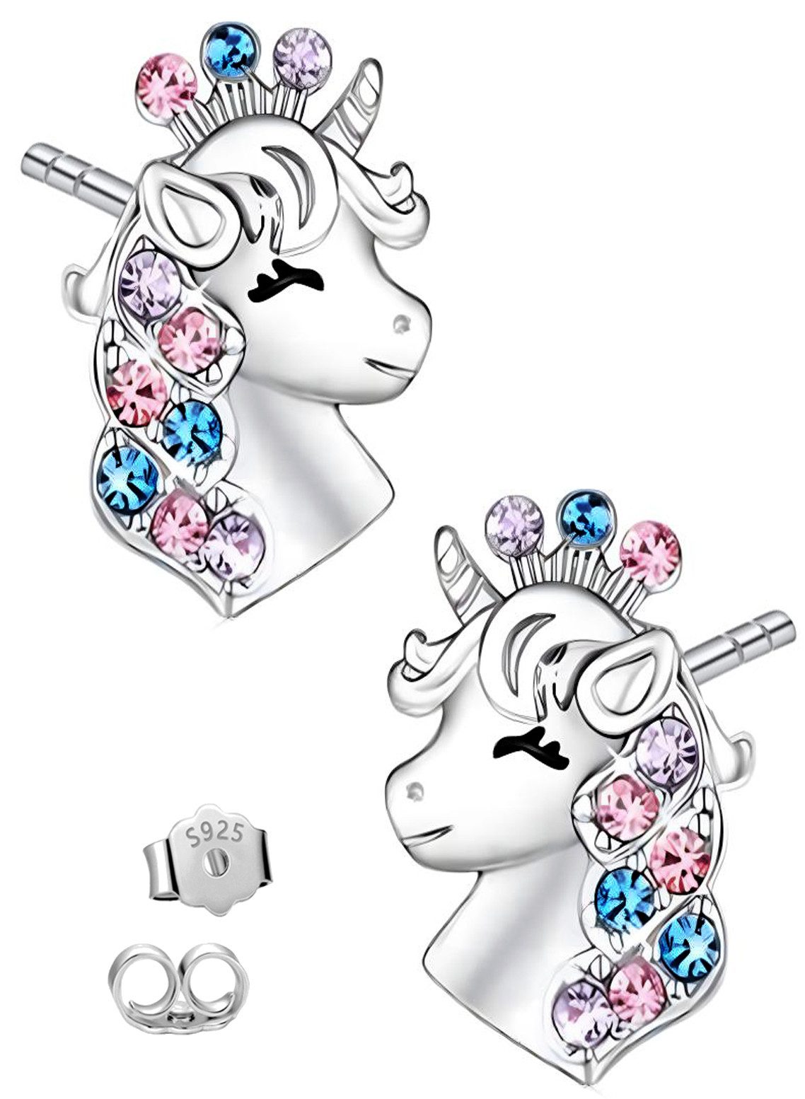 Limana Paar Ohrstecker echte 925 Silber Ohrringe Einhorn Pferd für Mädchen Damen Kinder (inkl. Dose Einschulung Ostern Weihnachten Geburtstag), Geschenk Weihnachtsgeschenk Silberschmuck Kinderschmuck Mädchenschmuck