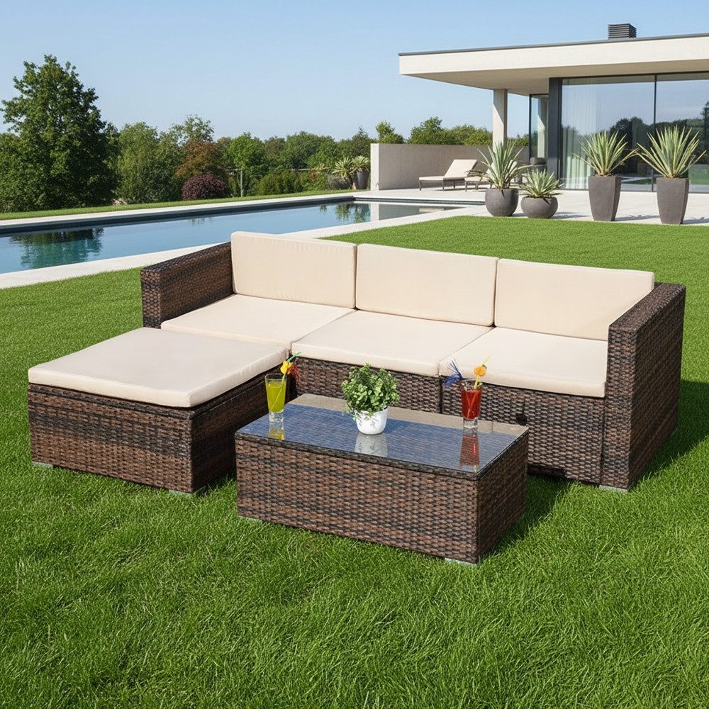 Mucola Gartenlounge-Set Polyrattan Lounge 5tlg. Gartengarnitur Sitzgruppe Sitzgarnitur Sofa, (Set, Möbelset), Schraub-Ausgleich-Standfüße