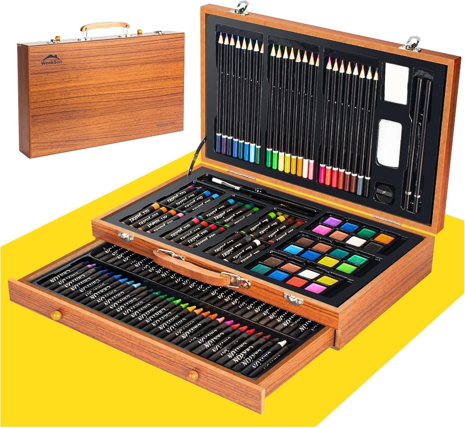 WEEKSUN Malstift Malset Kinder 141 Teile Malkoffer Holz Zeichenset kreativ Set, (Malset Kinder Zeichenset Malkoffer Holz Buntstifte Farben Set, 141-tlg., 141 Teile Malset Kinder Malkoffer Holz mit Stiften Farben Zubehör), Holzkoffer mit 141 Teilen für Malen Zeichnen kreative Nutzung Set