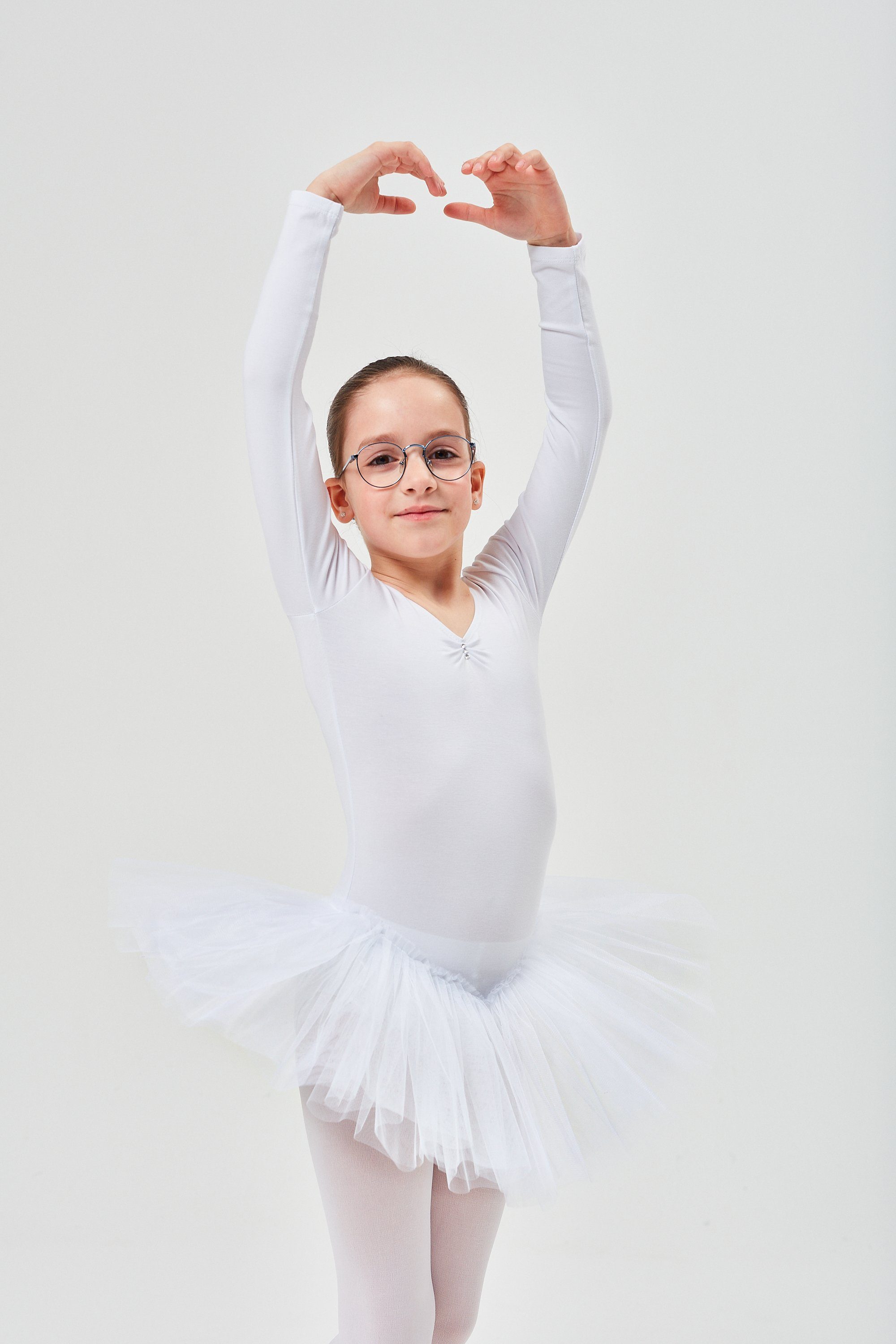 tanzmuster Tüllkleid Ballett Tutu Romy mit Glitzersteinen Langarm Ballettkleid aus weicher Baumwolle mit Tüllrock für Mädchen weiß