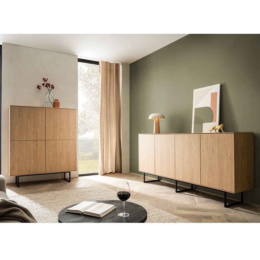 Lomadox Wohnzimmer-Set KASOL-61, (Mega-Spar-Set, 2-St., Sideboard Highboard), Eiche Dekor grifflos Push-to-open Metallgestell schwarz Industrial