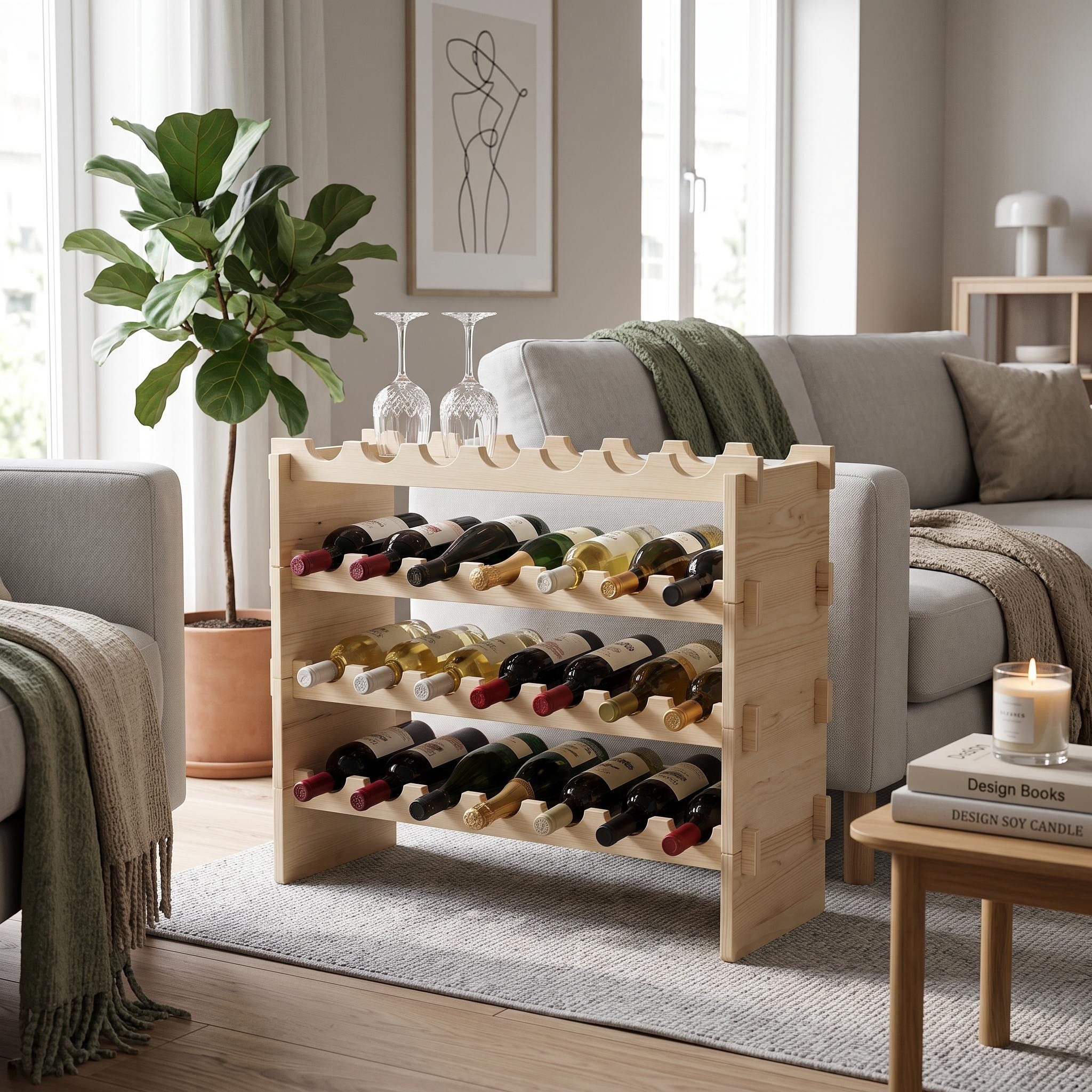 GarveeMore Weinregal aus Kiefernholz, 1,5 cm Dicke, stehend, 4-12 Ebenen, Belastbarkeit pro Etage: max. 10 kg, Natur