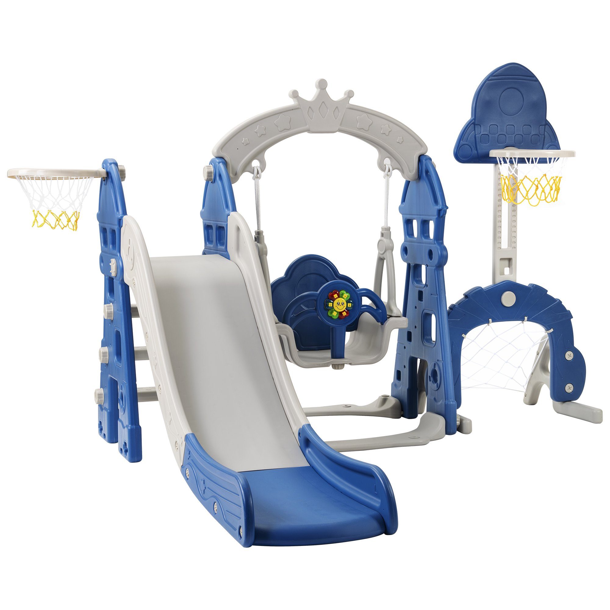 Rutsche, (Kleinkinderrutsche Gartenrutsche für 2-8 Jahre Kinder), Kinderrutsche mit Basketballkorb, Fußballtor, Schaukel und Kletterturm