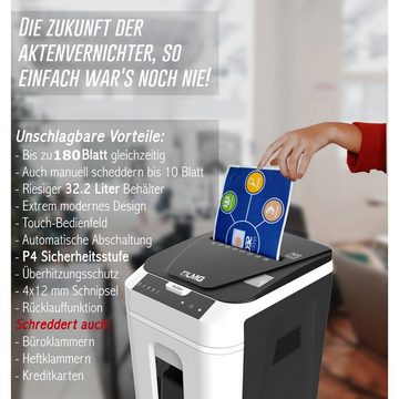 LMG Germany Aktenvernichter Autofeed Profi Shredder, 180 Blatt gleichzeitig, als P4 oder P5, Partikelschnitt Cross Cut, 32L Partikelschnitt weiß, sehr leise