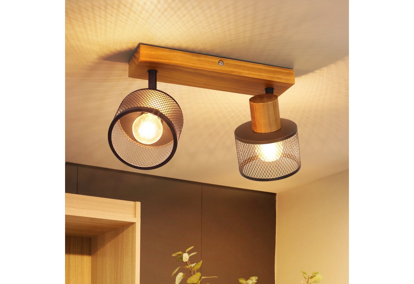 Nettlife Deckenstrahler 1/2/3/4flammig Vintage E14 Deckenleuchte aus Holz Schwarz Metall, ohne Leuchtmittel, schwenkbarer Deckenspot für Flur Küche Wohnzimmer