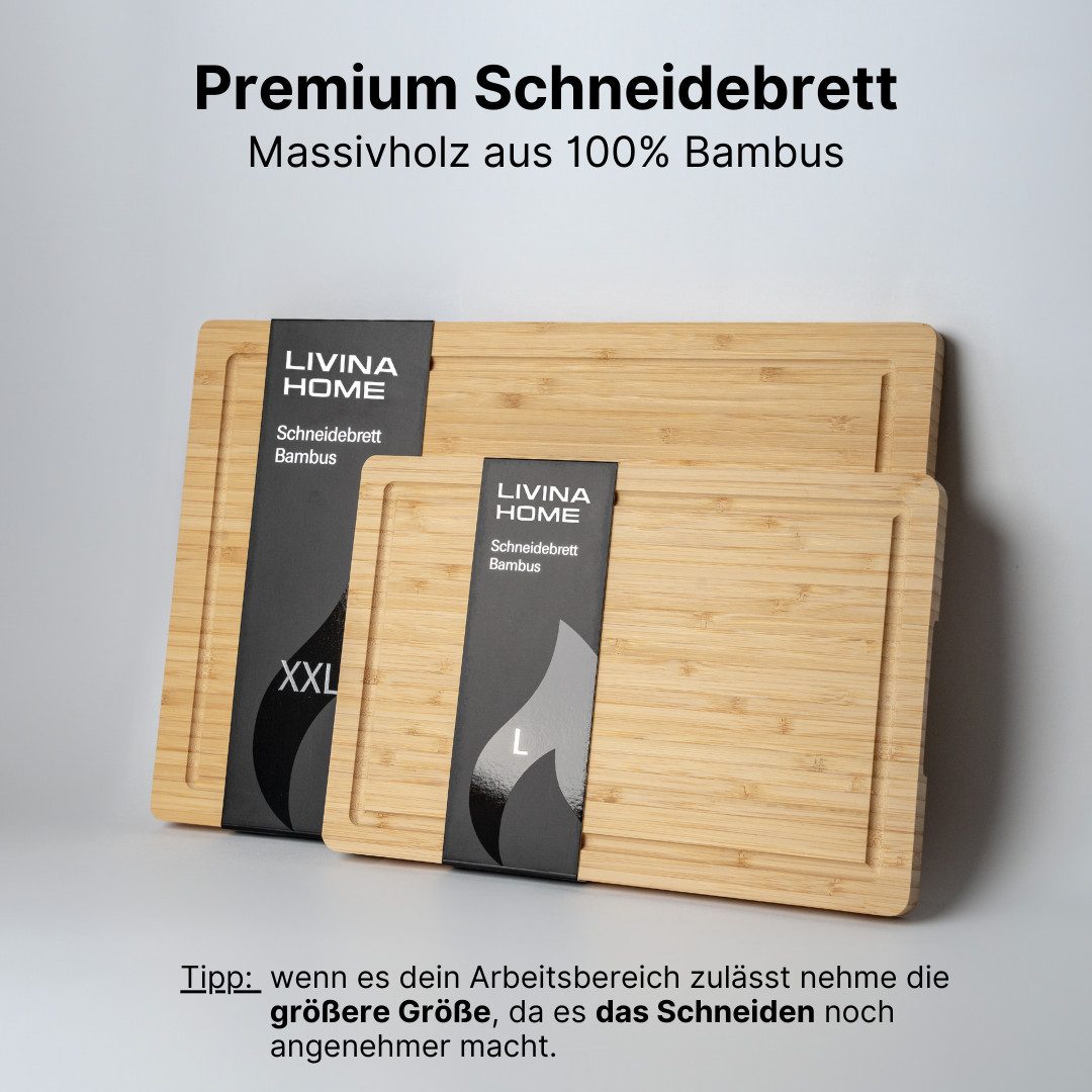 LIVINA HOME Schneidebrett Hochwertiges 100% Bambus Küchenbrett, Groß mit Griffen und Saftrille, (2-St), massives Holzbrett, Servierbrett, Cutting Board, Frühlin – Bild 5 von 5