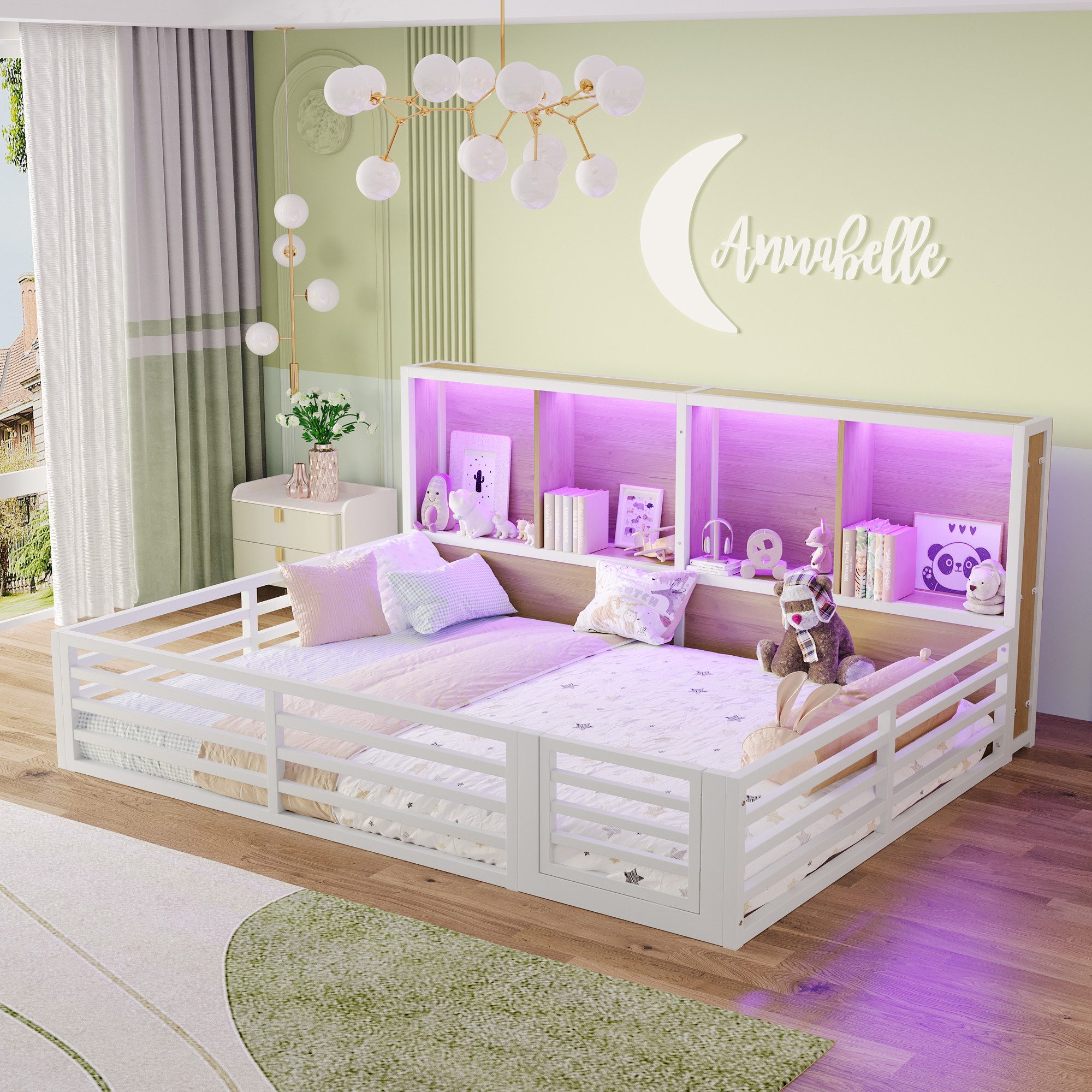 Merax Kinderbett (Plattformbett aus Metallrahmen und MDF, 1-tlg., Daybed für Kinder & Jugendzimmer), Metall Zaunbett 140x200cm mit LED Ablagefächer Geländer Lattenrost