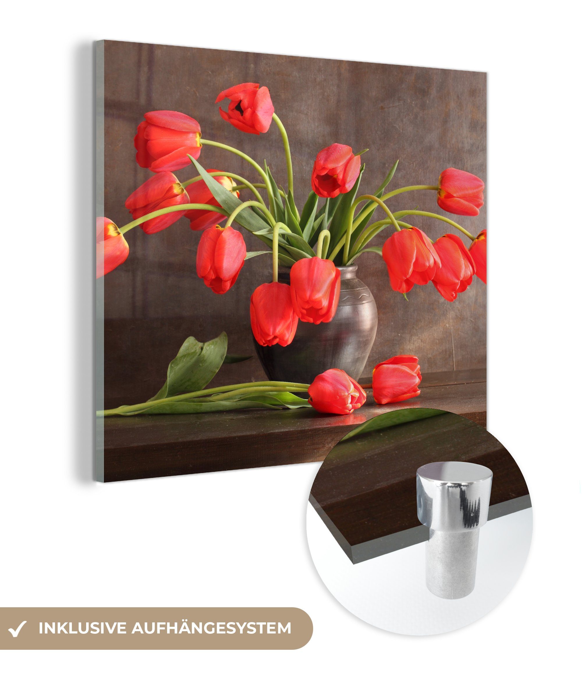 MuchoWow Acrylglasbild Ein Strauß roter Tulpen vor einem dunklen Hintergrund, (1 St), Glasbilder - Bilder auf Glas Wandbild - Foto auf Glas - Wanddekoration