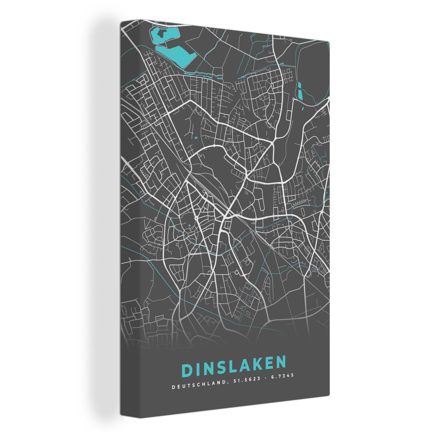 OneMillionCanvasses® 20x30 St), Leinwandbild Gemälde, cm Dinslaken bespannt Leinwandbild fertig Blau, Stadtplan - - - Deutschland Karte Zackenaufhänger, (1 - inkl.