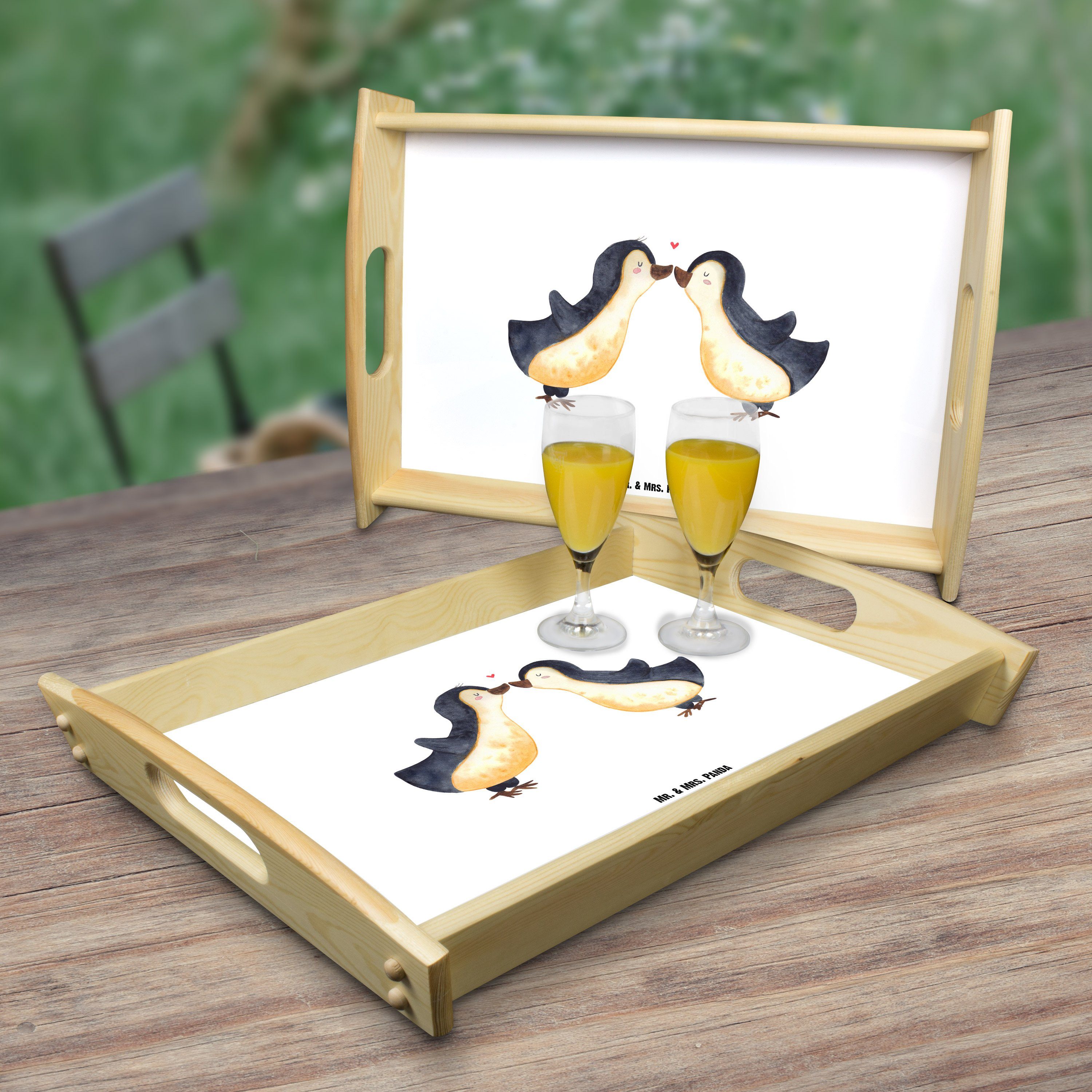 Mr. & Mrs. (1-tlg) Echtholz Pinguin - Weiß Liebe Liebesbeweis, Tablett - lasiert, Holztablett, Geschenk, Panda Frühstück