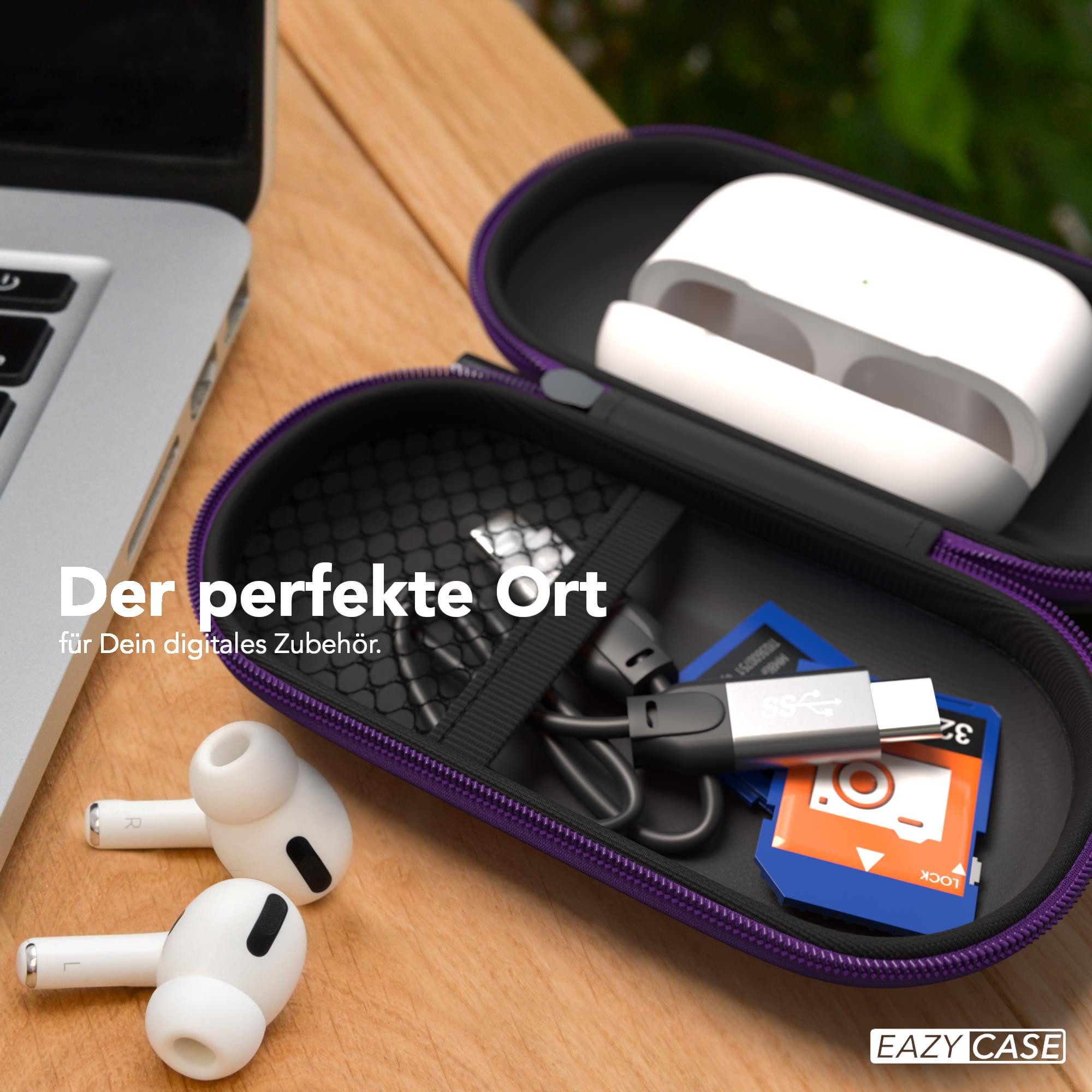 EAZY CASE Kopfhörer-Schutzhülle Universal Tasche für In-Ear Kopfhörer mit Netzfach, Box Kratzschutz Kopfhörer Reißverschluss und Netzfach klein oval Lila