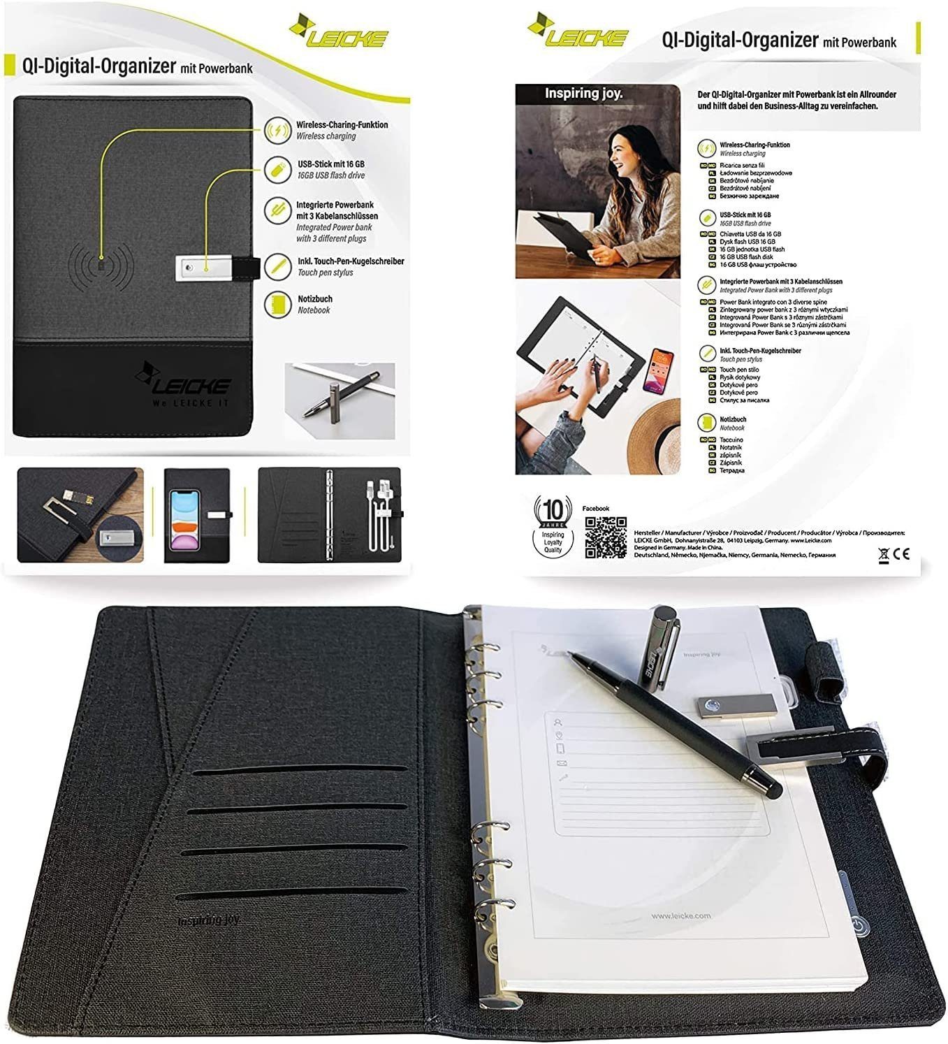 feinlux Speicherladestation Kabellos aufladbares Notizbuch, Ladestation, Set, A5-Loseblattmappe Ladeschale, Mobiler Power-Notizblock mit USB-Stick und Stift, Business-Geschenkset