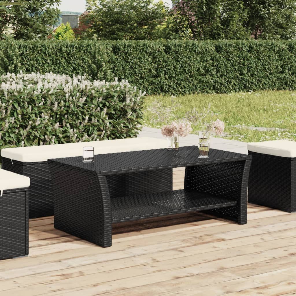 furnicato Couchtisch Schwarzer aus PE-Rattan mit pulverbeschichtetem Stahlgestel (1-St), Witterungsbeständiger Outdoor-Tisch mit Ablage für den Garten