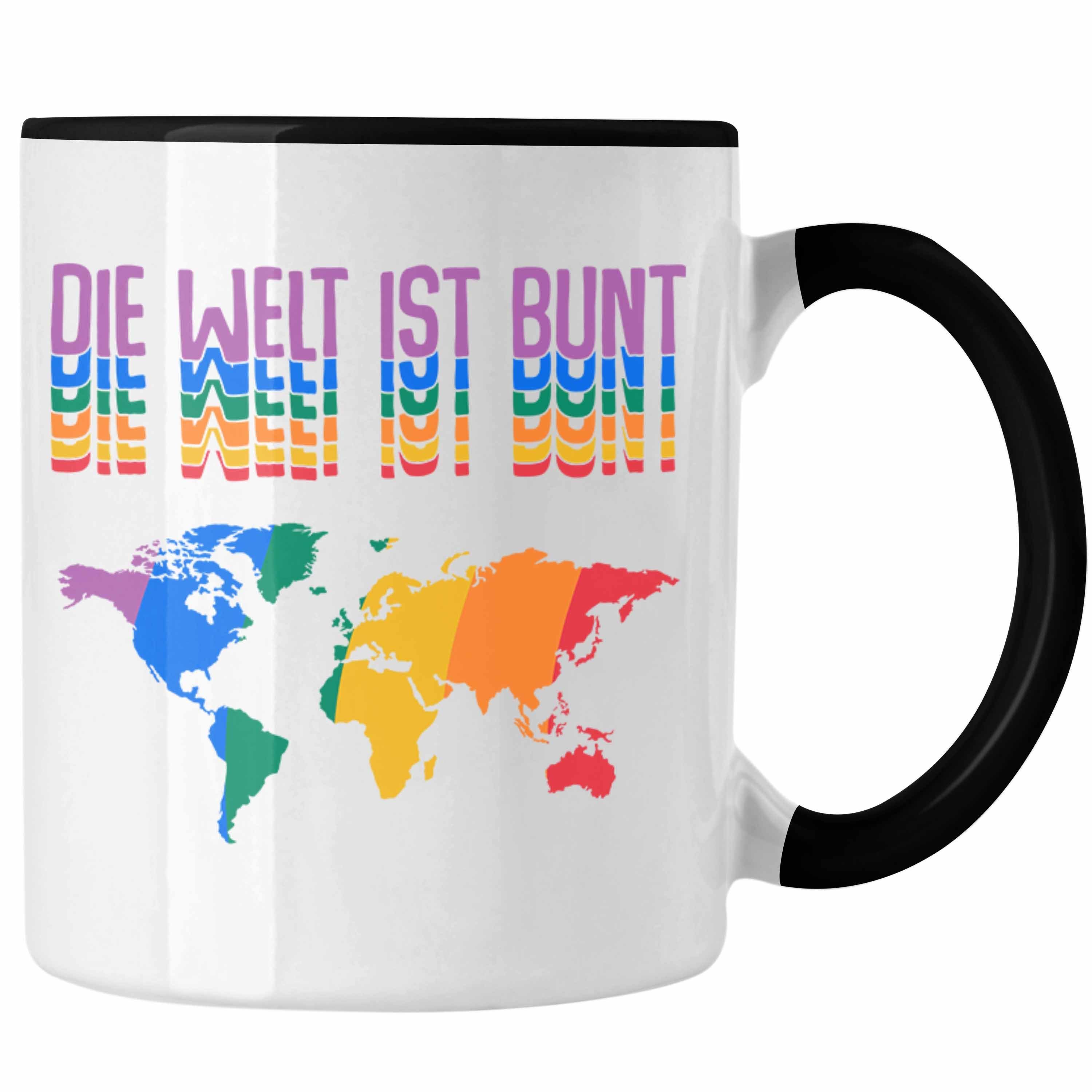 Trendation Tasse Trendation - LGBT Tasse Geschenk für Schwule Lesben Transgender Regenbogen Lustige Grafik Regenbogen Die Welt Ist Bunt Schwarz