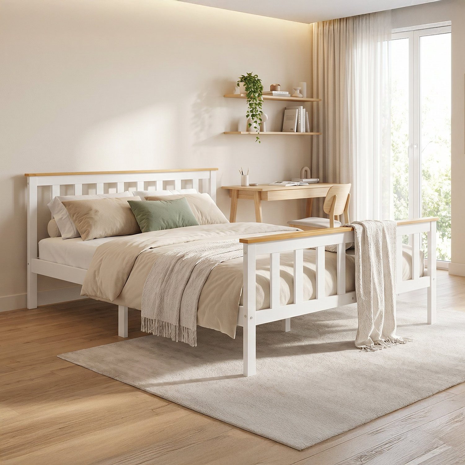 Homestyle4u Palettenbett 90x200 140x200 70x140 mit Lattenrost Jugendbett Weiß/Natur schlicht (Set, mit Lattenrost), mit Kopfteil