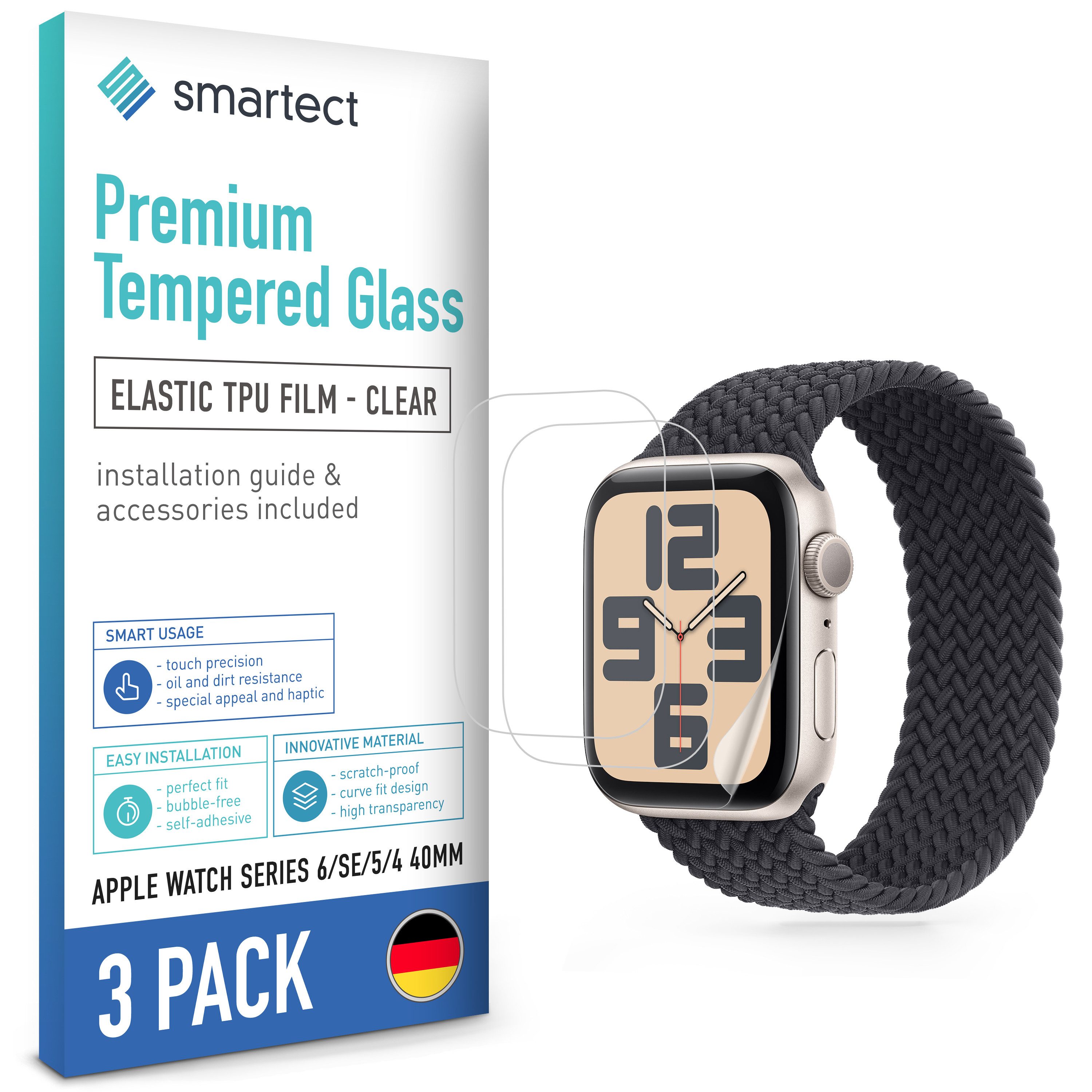 smartect Displayschutzfolie 3X TPU Schutzfolie Klar für Apple Watch Series 6 / SE / 5 / 4 40mm für Apple Watch Series 6 / SE / 5 / 4 40mm, Set, 3 Stück, Ultra-klar, Kratzfest, Blasenfrei, Oleophob, Fingerabdruck kompatibel