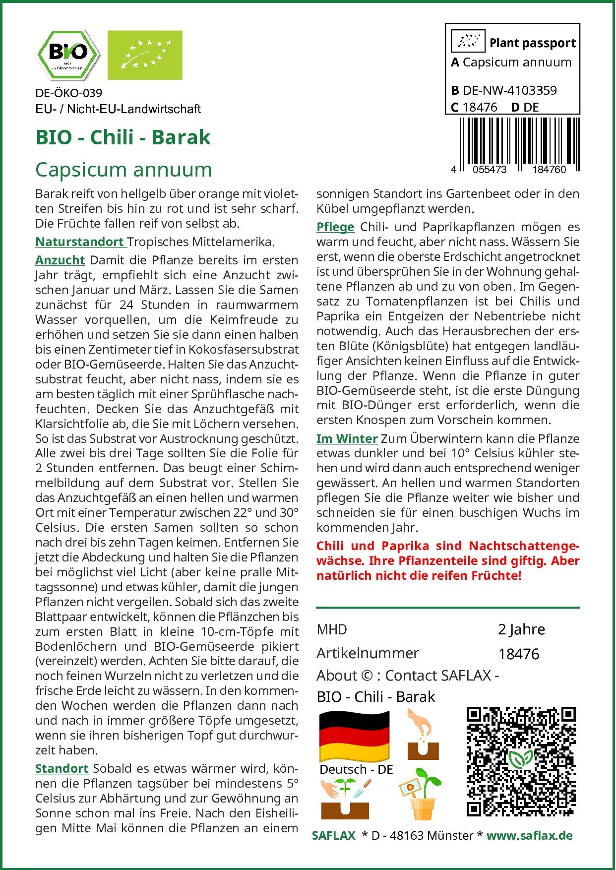 SAFLAX Gemüsesamen SAFLAX - Samen - BIO - Chili - Barak günstig online kaufen