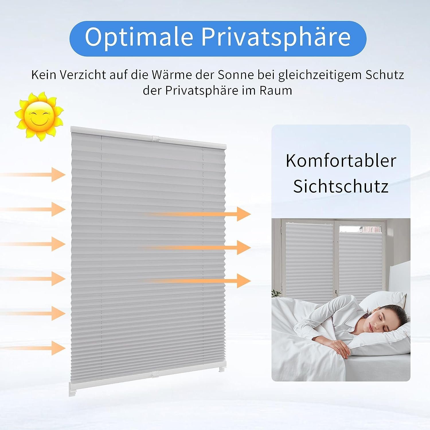 Plissee Faltrollo Ohne Klemmträger,Easyfix, OUBO, Montage Grau Lichtschutz, Fenster verspannt, Jalousie & für Klemmfix, einfach Tür, Bohren