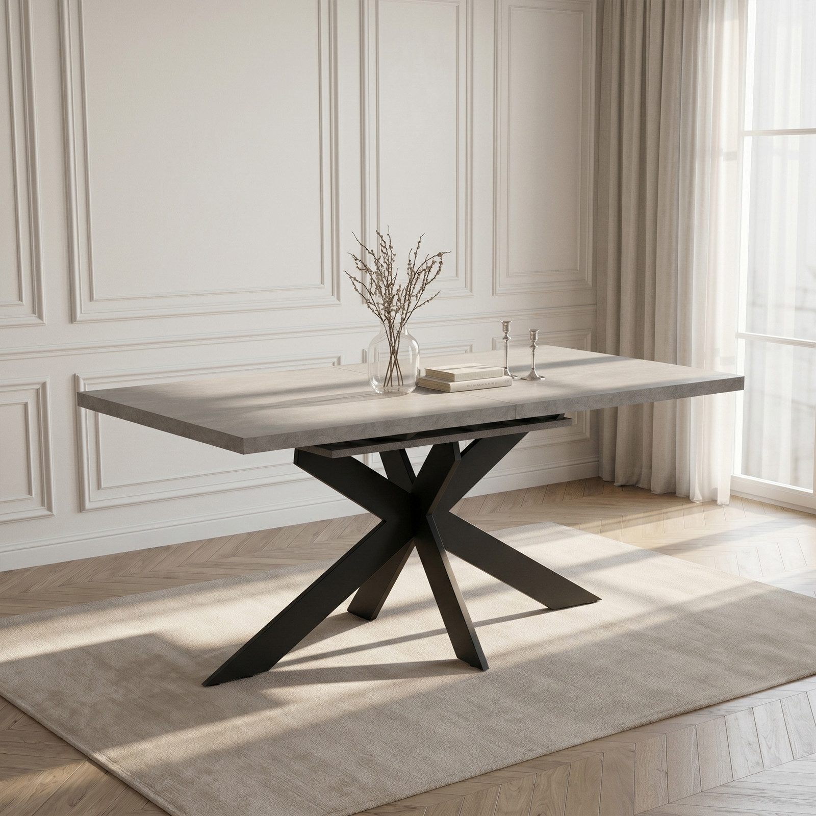 Jiexi Esstisch Ausziehbarer Esstisch 160-200cm MDF Rhein-Optik Metall Kreuzgestell