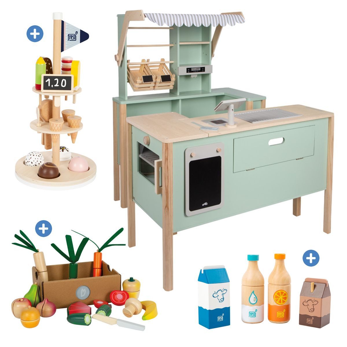 Small Foot Kaufladen Fresh - Salbeigrün, Kinder Spiel Kaufladen Set mit Eisständer, Obst und Gemüse & Getränke
