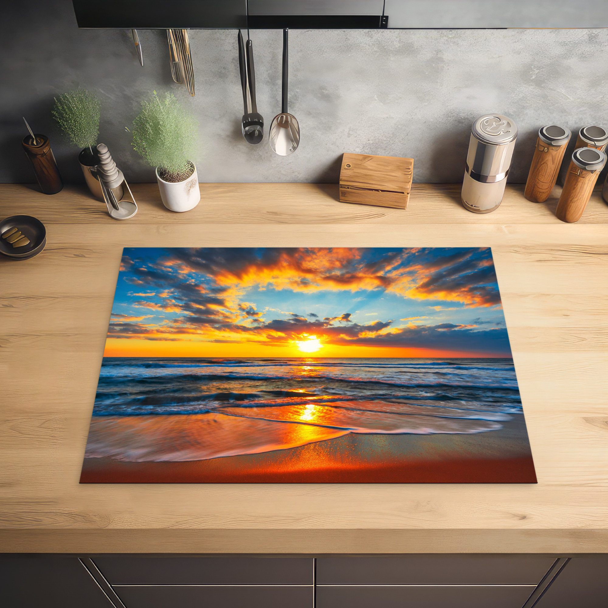 MuchoWow Herd-Abdeckplatte Sonne - Strand - Meer - Sonnenuntergang, Vinyl, (1 tlg), Küche Herdabdeckung Ceranfeld Induktionsfeld Vinyl, 65x50 cm