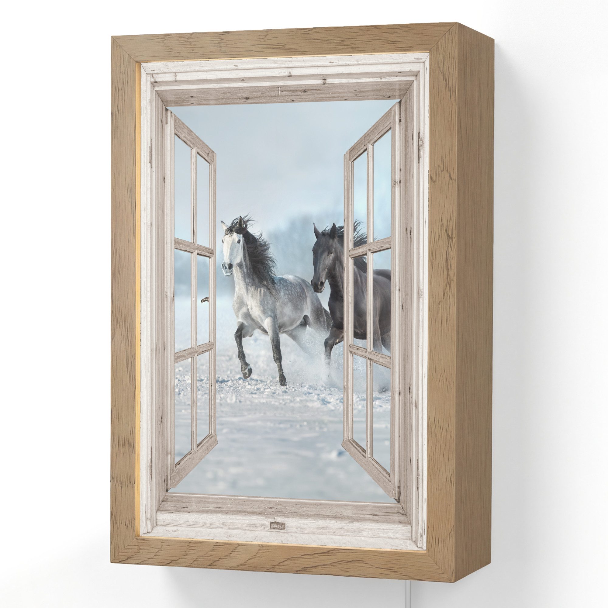 OnlyWow Wandleuchte Lightbox Fensterblick - Fenster - Pferde - Winter - Tiere - Natur - We, Dimmbar, Farbwechsel, LED, Warmweiß, Kaltweiß, Neutralweiß Einstellbar, Wandlampe Innen, Dimmbar, mit Kabel, LED, Beleuchtung, Wohnzimmer