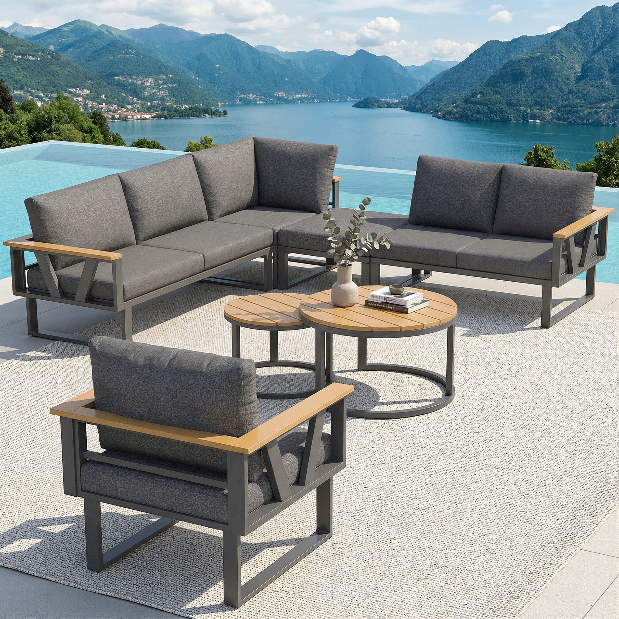 Flieks Gartenlounge-Set, 7-Sitzer Gartenmöbel Sitzgruppe Metall mit 2 stapelbaren Couchtische