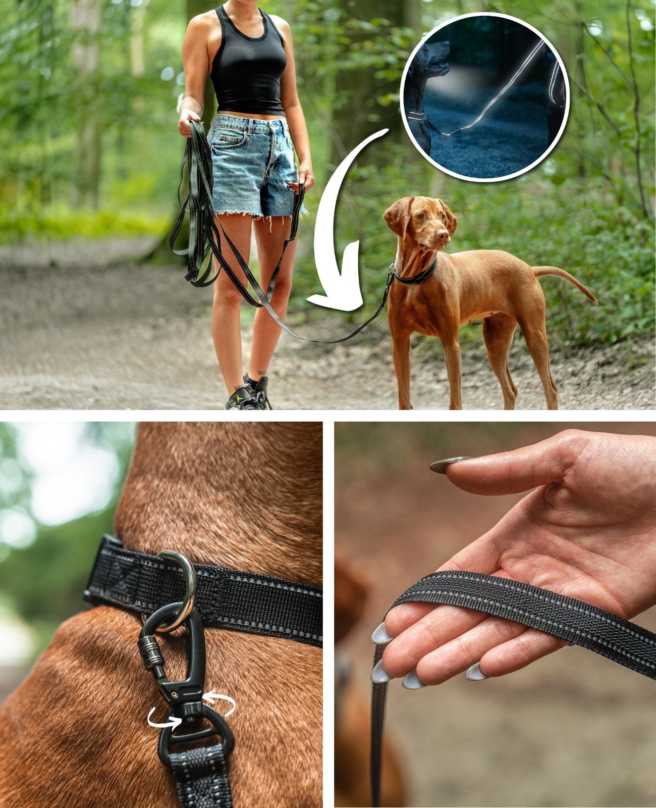 lionto Schleppleine reflektierend & gummiert, Nylon, rutschfest mit Handschlaufe, schwarz