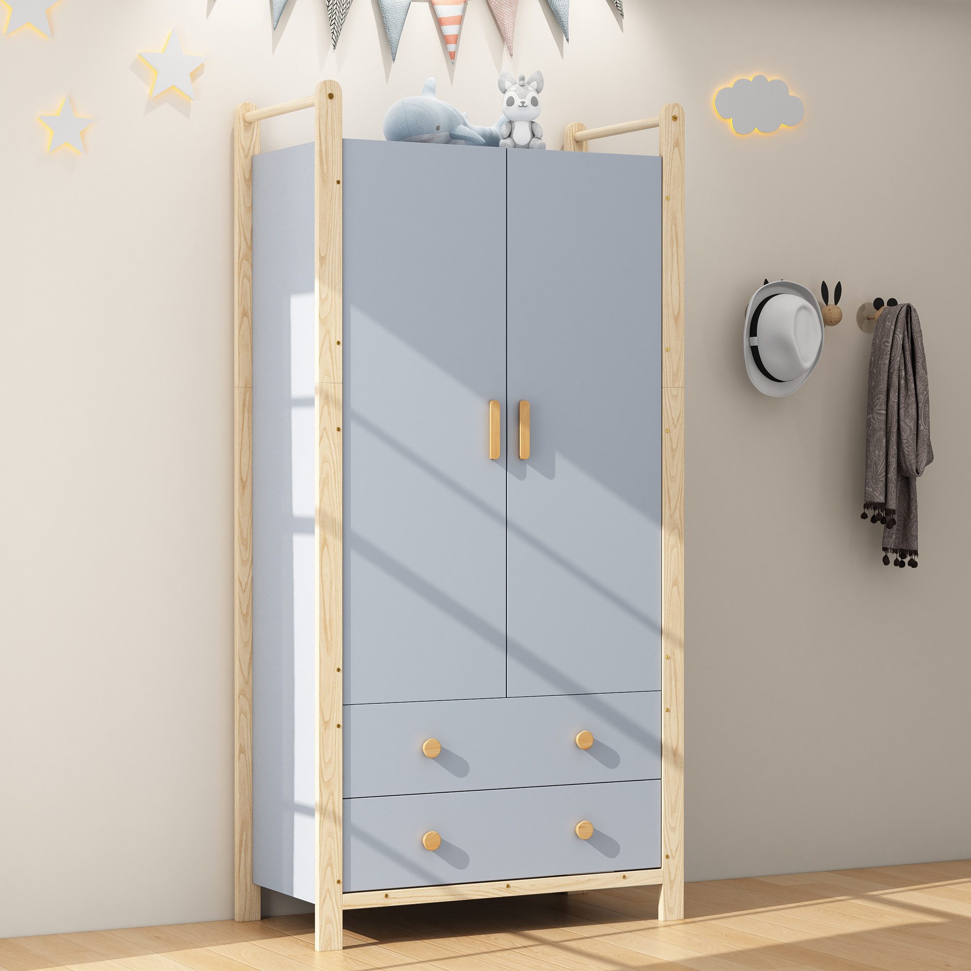Odikalo Kleiderschrank Eckkleiderschrank mit Kleiderstange (2-türiger Kleiderschrank, Kleiderschrank mit Kleiderstange, 2 Schubladen, für Schlafzimmer, Wohnzimmer, Flurgarderobe geeignet, aus Spanplatte, weißer / blauer Körper + Kieferrahmen, 90×45×180 cm)