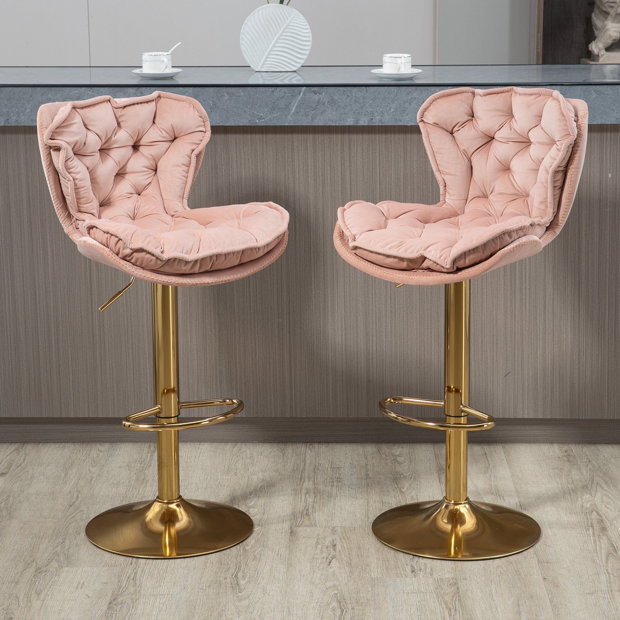 OKWISH Barhocker Tresenhocker, Schwenkbare Barstühle Set von 2 (mit Fußstütze für Küche, Esszimmer), 360-Grad-Höhenverstellung rosa