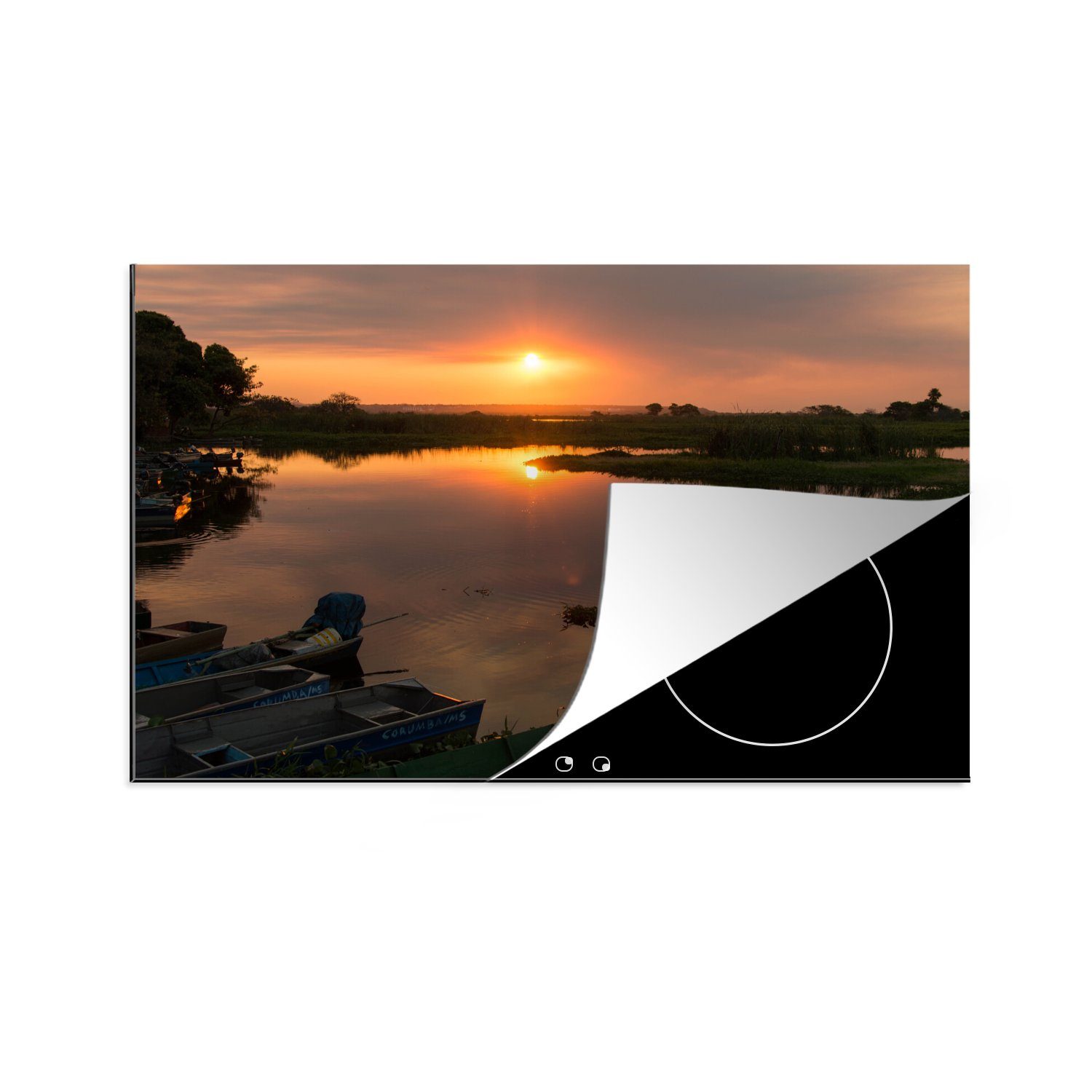 MuchoWow Herdblende-/Abdeckplatte Sonnenuntergang am Wasser im Pantanal, Vinyl, (1 tlg), 81x52 cm, Induktionskochfeld Schutz für die küche, Ceranfeldabdeckung