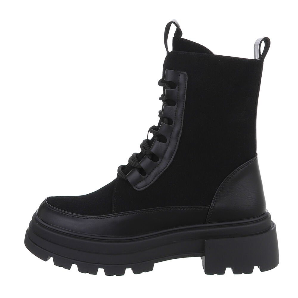 Ital-Design Damen Schnürschuhe Freizeit Schnürstiefelette (84989546) Blockabsatz Plateaustiefeletten in Schwarz