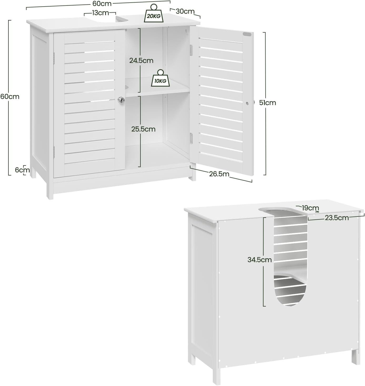 EUGAD Waschbeckenunterschrank (1-St) Waschtisch 60x30x60 cm mit 2 Türe Weiß