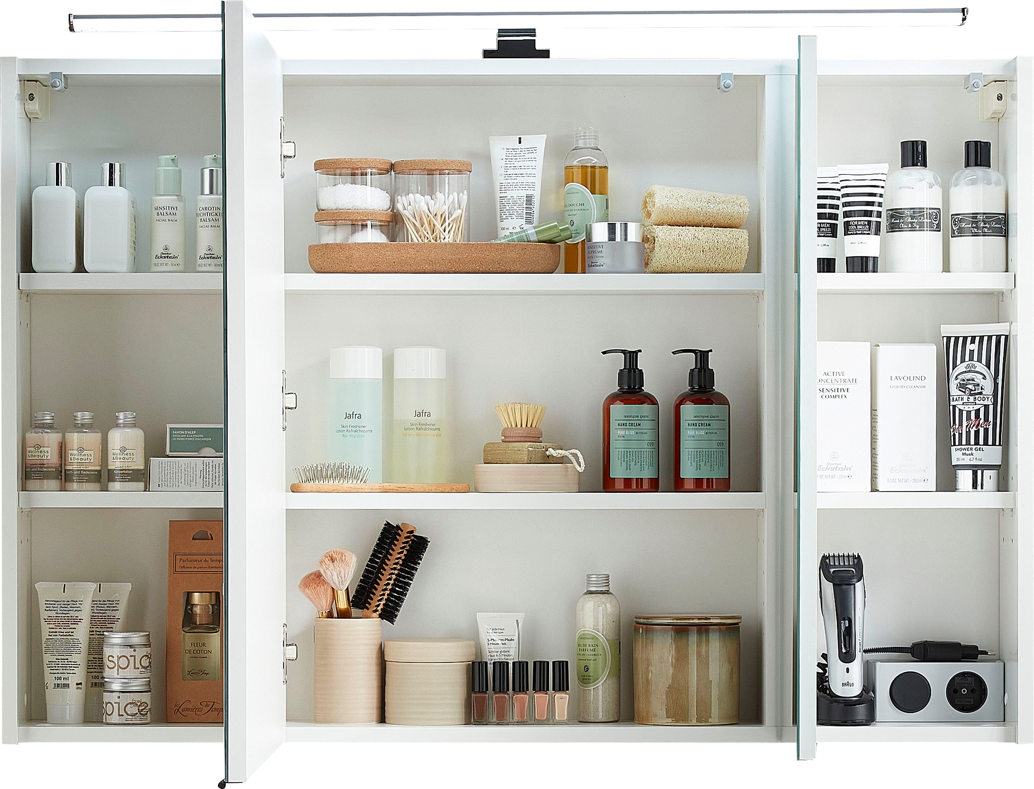 Saphir Spiegelschrank Quickset Badschrank, 3 Spiegeltüren, 6 Einlegeböden, 105 cm breit inkl. LED-Beleuchtung, Türdämpfer, Schalter-/Steckdosenkombination