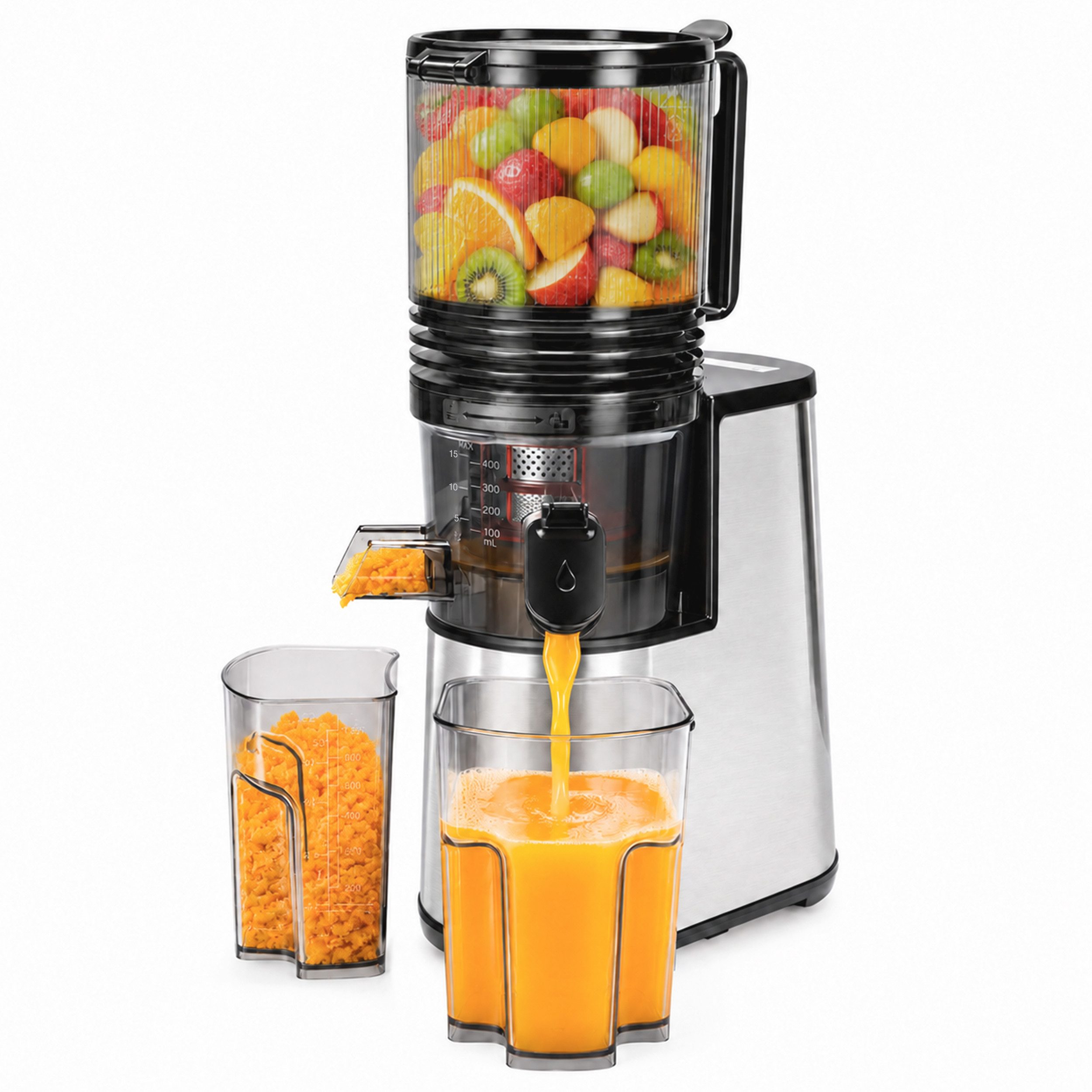 Sinaopus Slow Juicer Große 145-mm-Einfüllöffnung für ganze Früchte und Gemüse, 250 W, Feinfilterung, getrennte Auslässe und komfortabler Rückwärtslauf