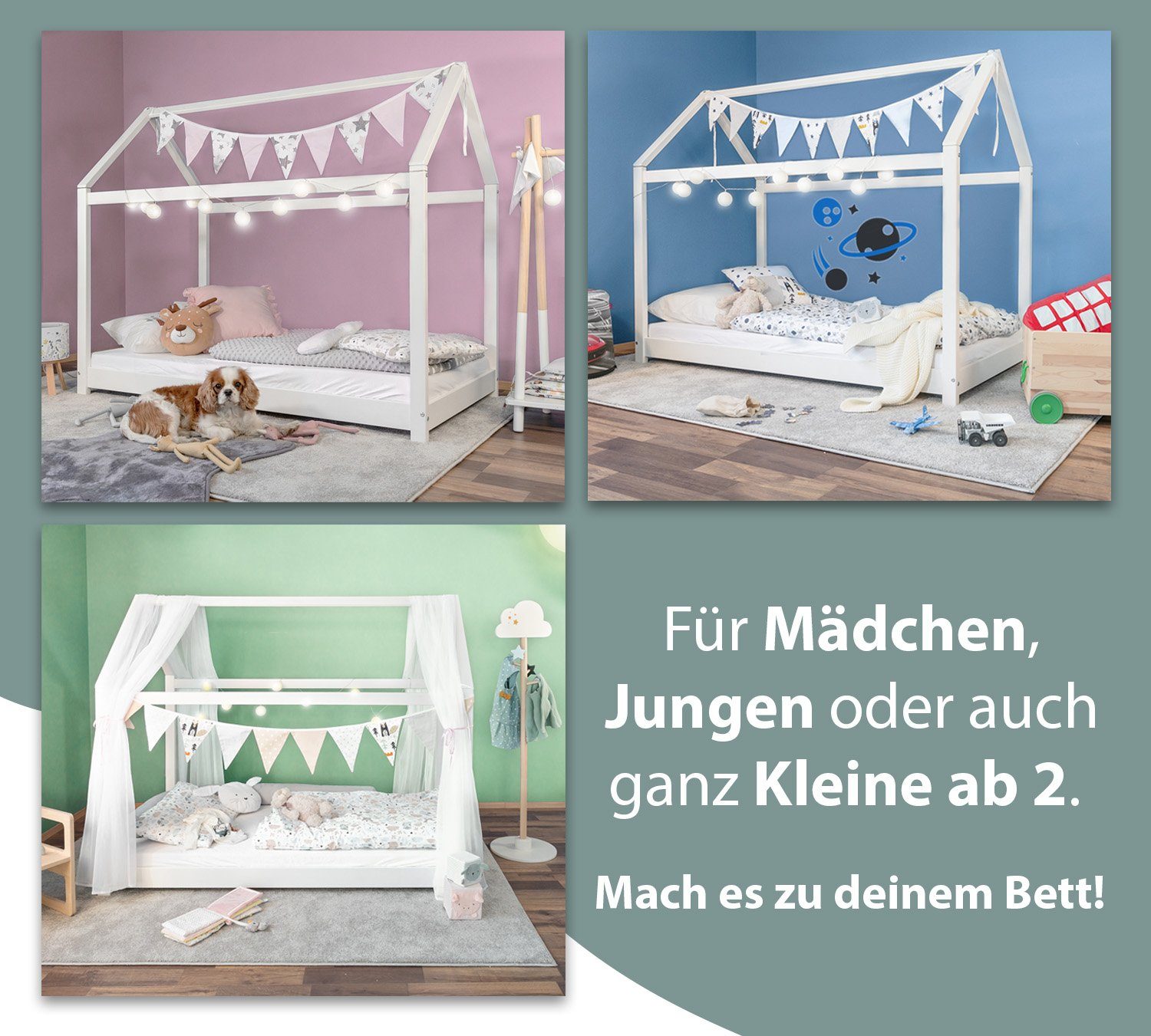 Matratze SET, Kiefernholz Alcube 5-tlg., Spielbett Lichterkette), mit Weiß Bettgestell Jungen mit Matratze und Rosa Bodenbett (KOMPLETT Montessori Hausbett mit mit Rolllattenrost, - Kinderbett Baldachin, Wimpel & für Hausbett + Mädchen Stil Matratze 80x160 Deko aus Dekoset