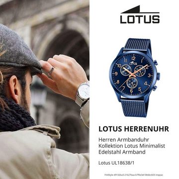 Lotus Quarzuhr LOTUS Herren Uhr Sport 18638/1 Edelstahl, Herren Armbanduhr rund, groß (ca. 43mm), Edelstahlarmband blau