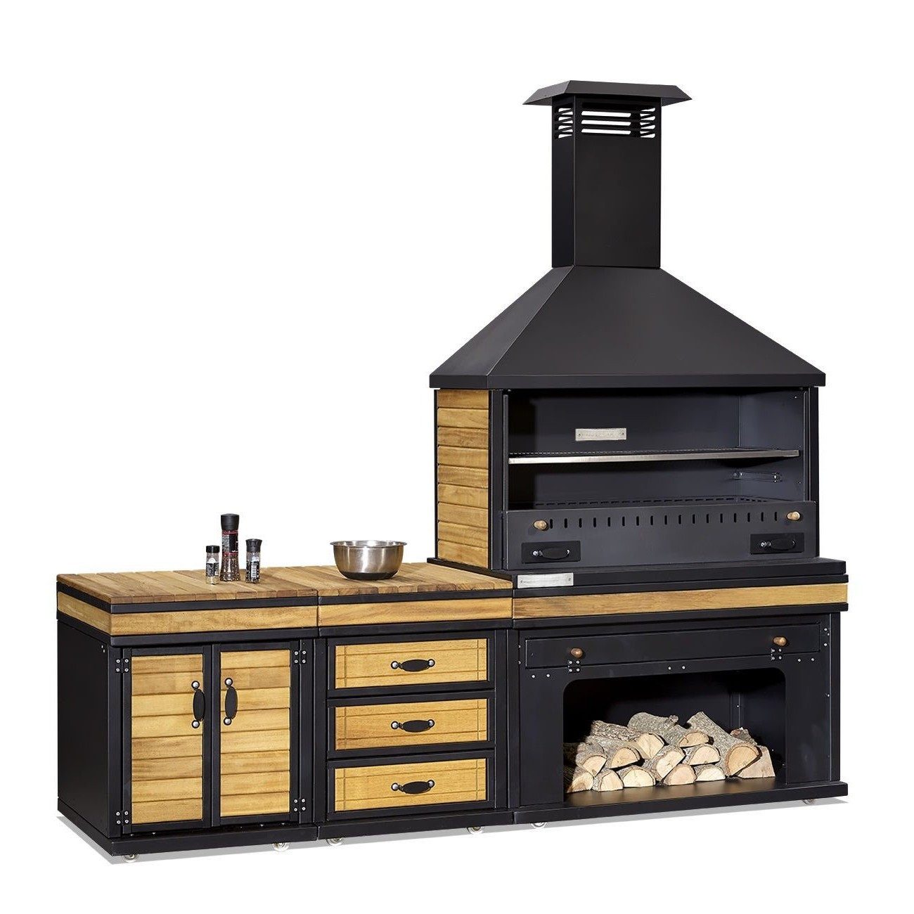 Xlmoebel Outdoor-Küche XLMOEBEL Außenküche Holz Edelstahl schwarz, modern und wetterfest, Made in Europa