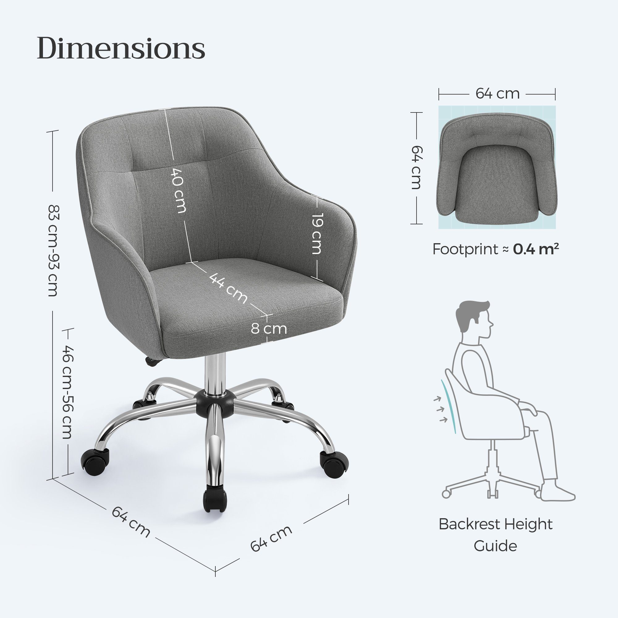 SONGMICS Bürostuhl 2er Set Ergonomischer Schreibtischstuhl mit Rollen (1 St), bis 110 kg belastbar, Homeoffice Stuhl, atmungsaktiver Stoff – Bild 5 von 5