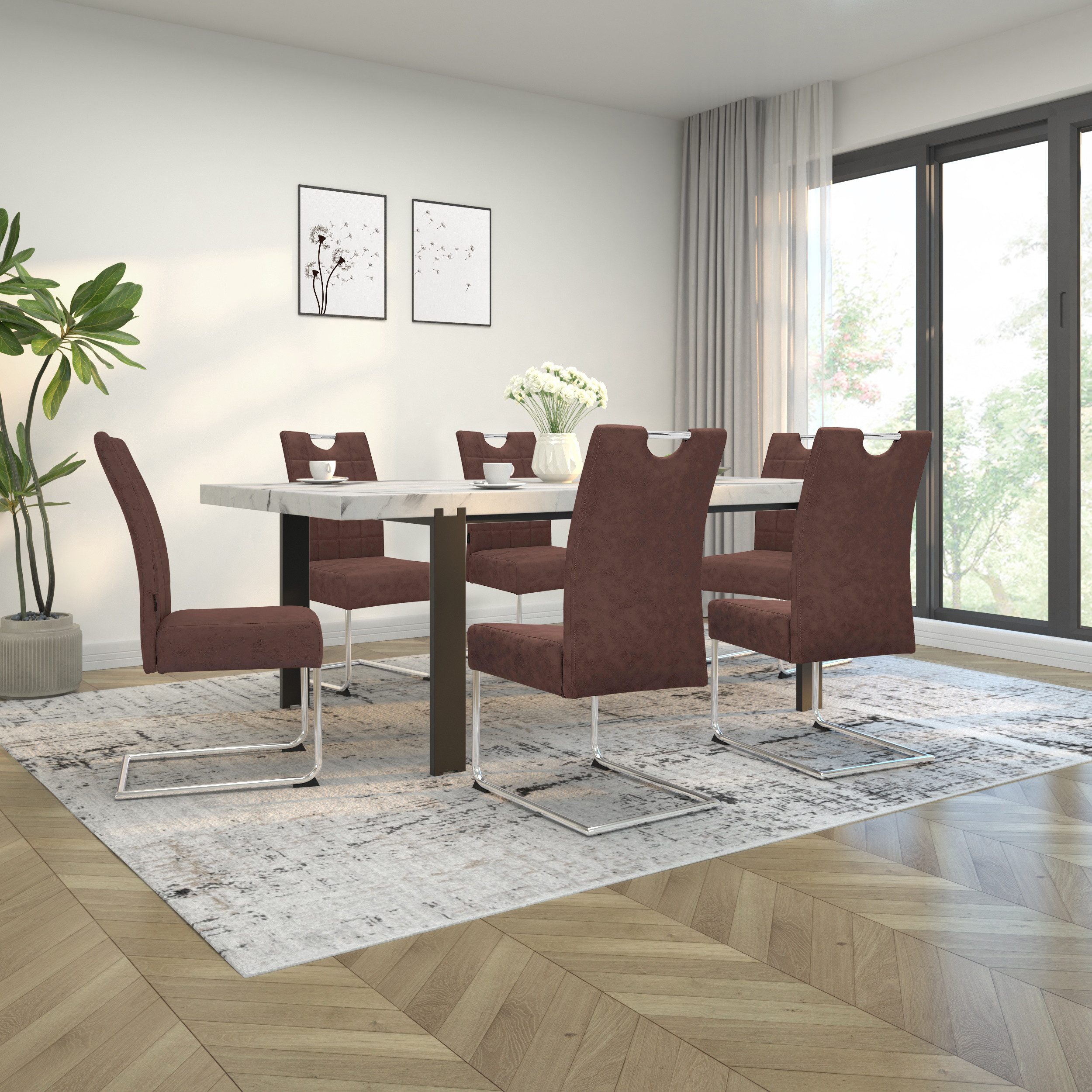 loft24 Esszimmerstuhl Chen (Set, 2 St), Polsterstuhl, Stuhl, Freischwinger, Lederoptik, Chromgestell