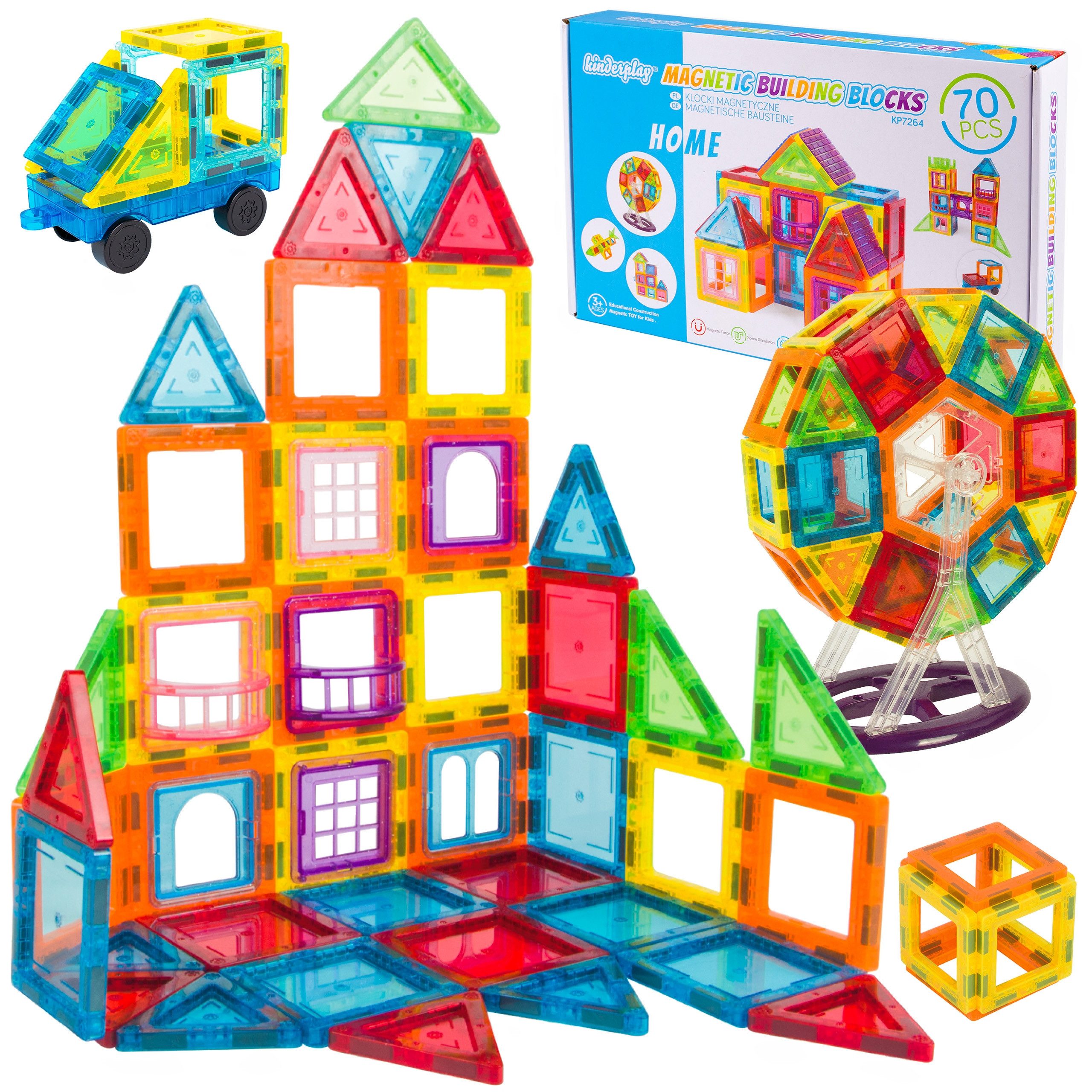 kinderplay Magnetische Bausteine 70 Teile – Kreatives Lernen – Spiel ab 3 Magnetspielbausteine, (Set, Konstruktionsbausteine Haus 70 Teile)