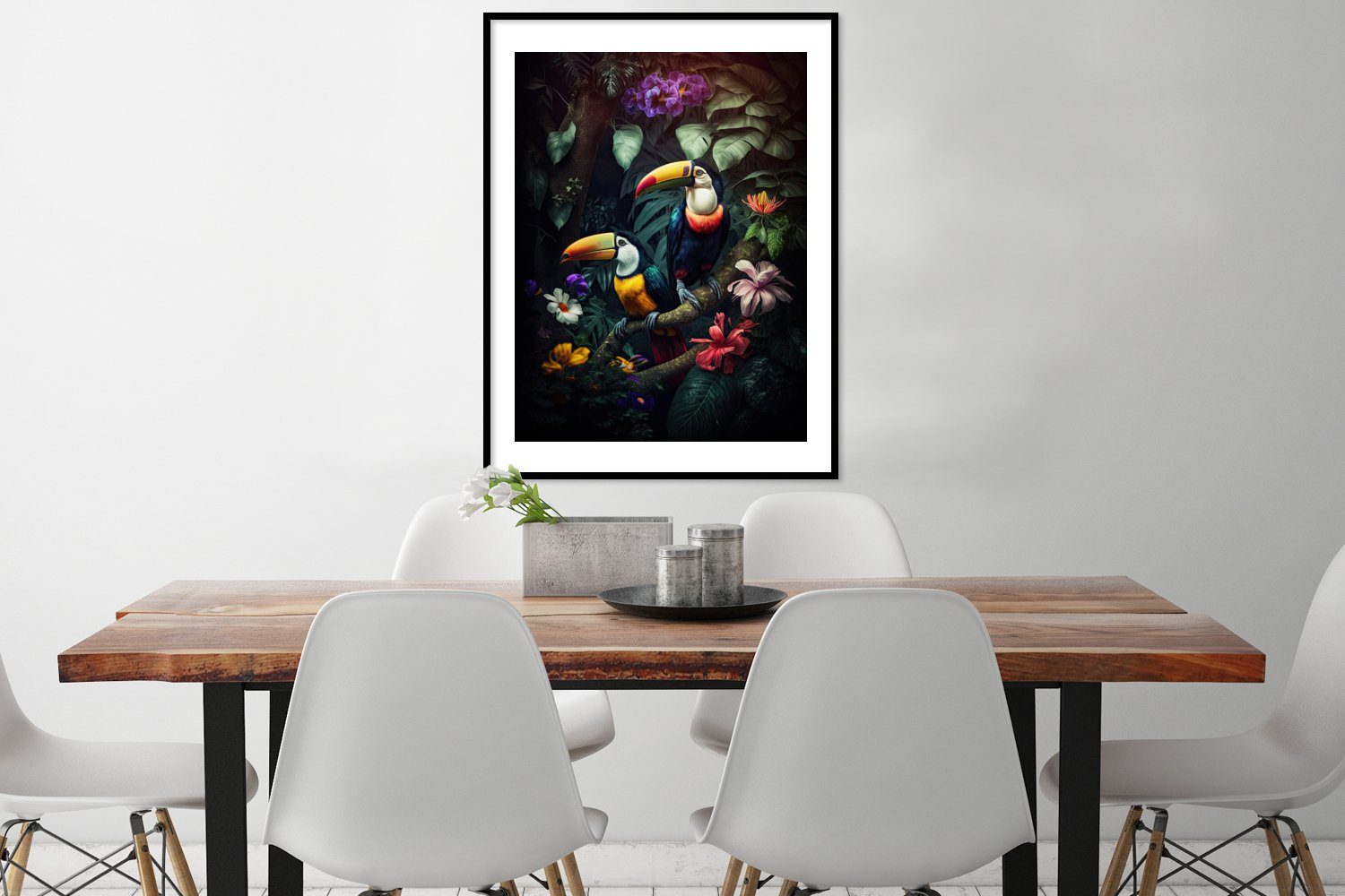 Blumen Dschungel Vögel, Bilder, Tukan Bilderrahmen Gerahmtes Wanddeko, - Schwarzem MuchoWow - Wandposter, Poster Poster, St), (1 -