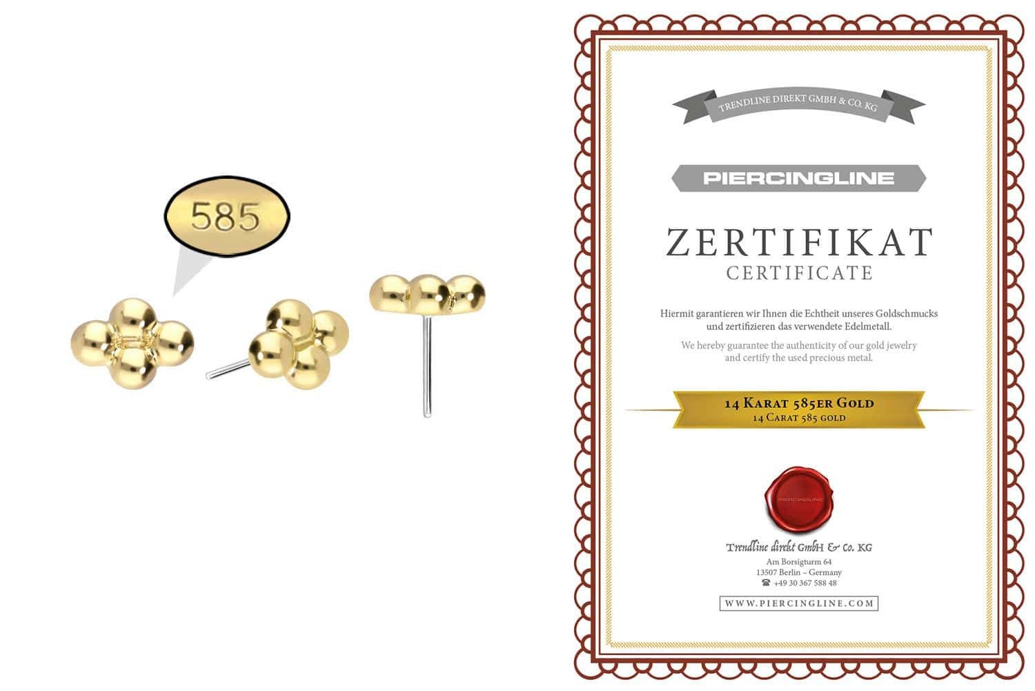 PIERCINGLINE Piercing-Set 14 Karat Gold Aufsatz mit Titan Push Pin 4 KUGELN (Push Pins, 1-tlg)