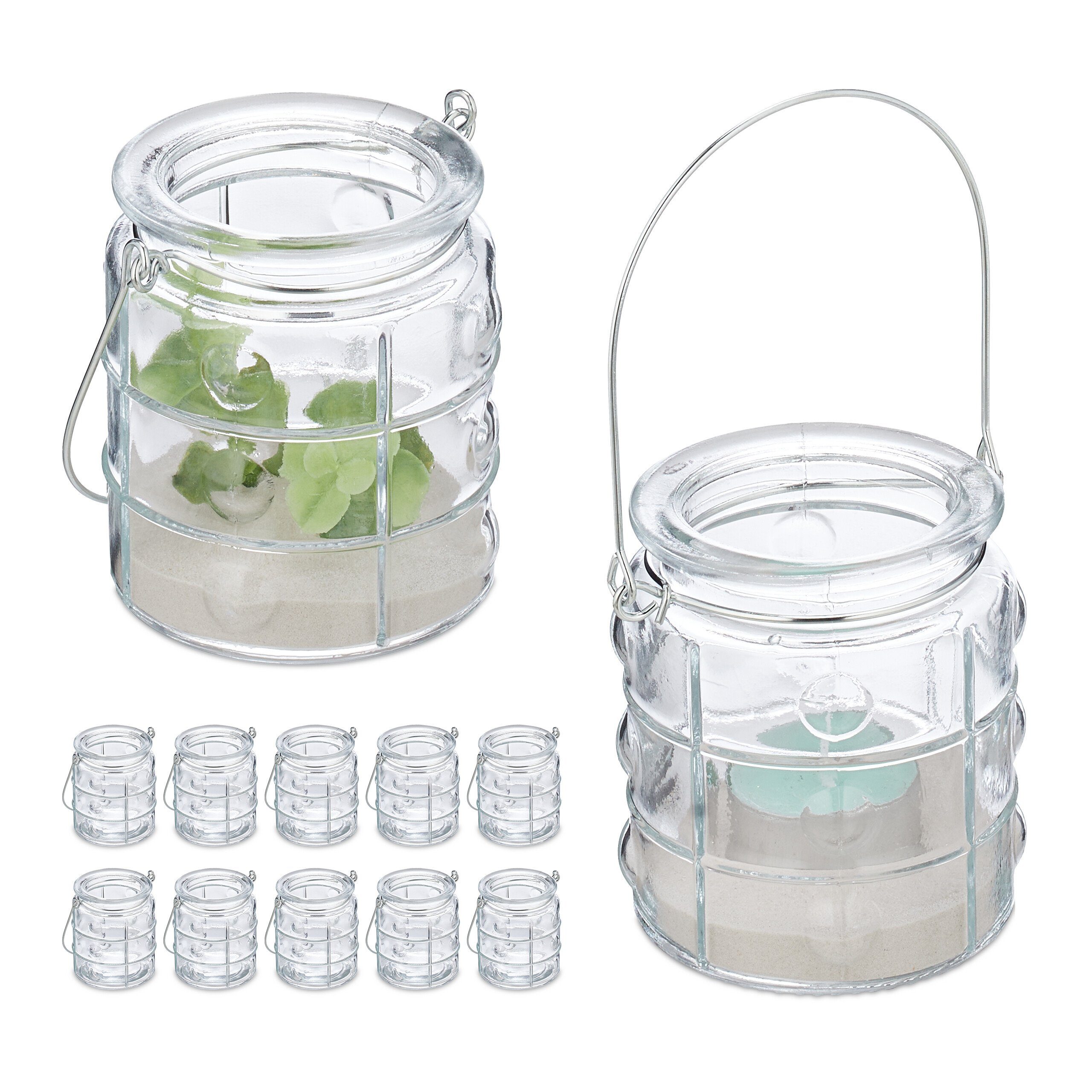 12er Set Windlichter Aus Glas - Goldene Teelichthalter Mit Henkel