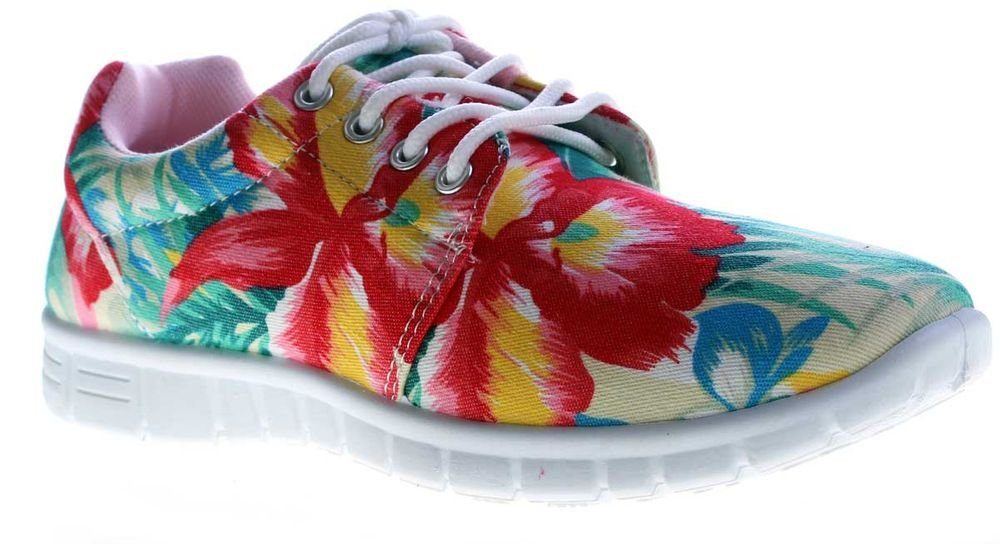 Scandi Damen Sneaker Halb Schuhe leicht flexibel bunt Schnürschuh Leinenschuhe Blumen Muster Bunt Grün